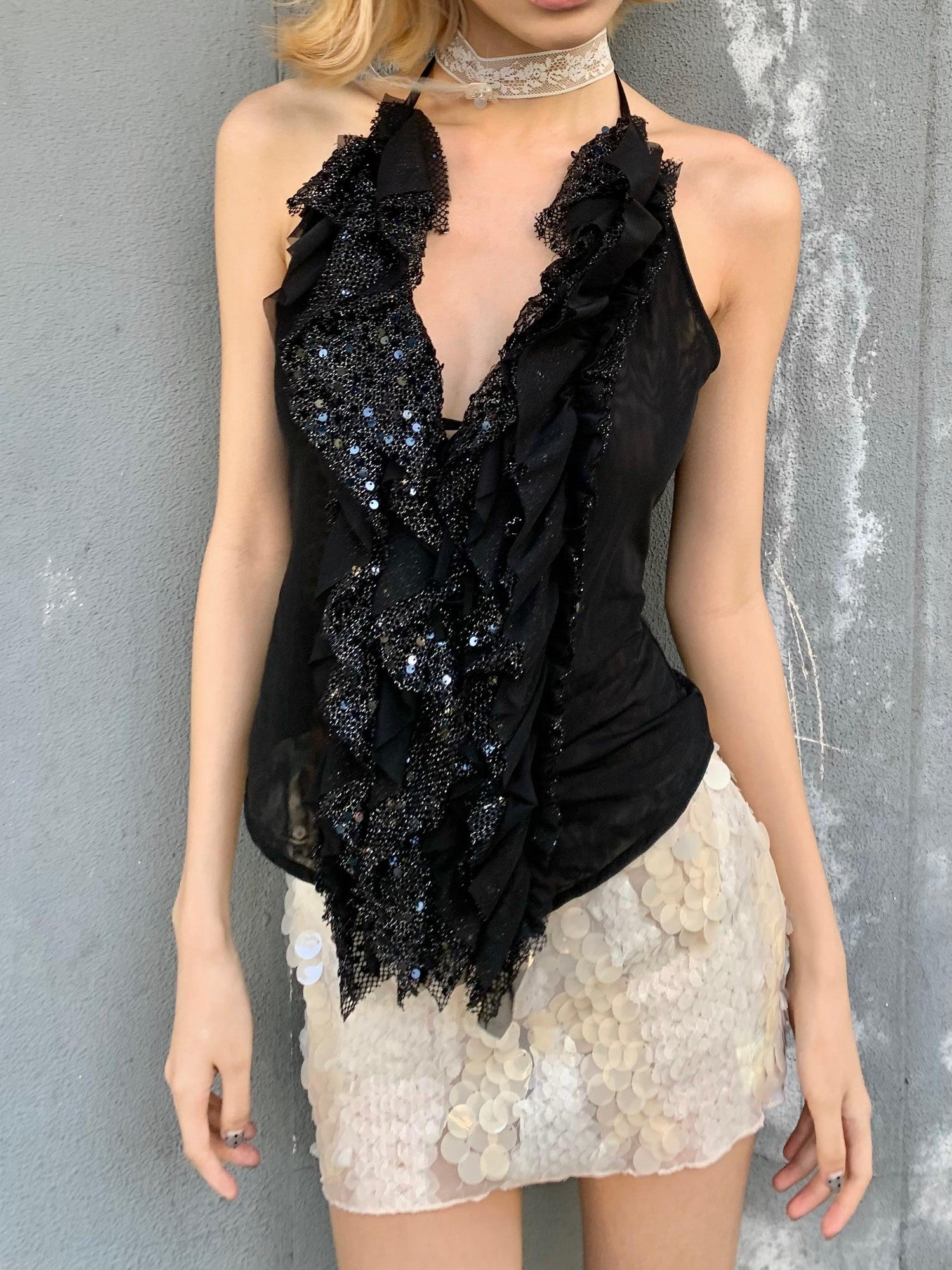 Chipchipshop Dark Sparkling Sequin Ruffle Slim Fit Women&