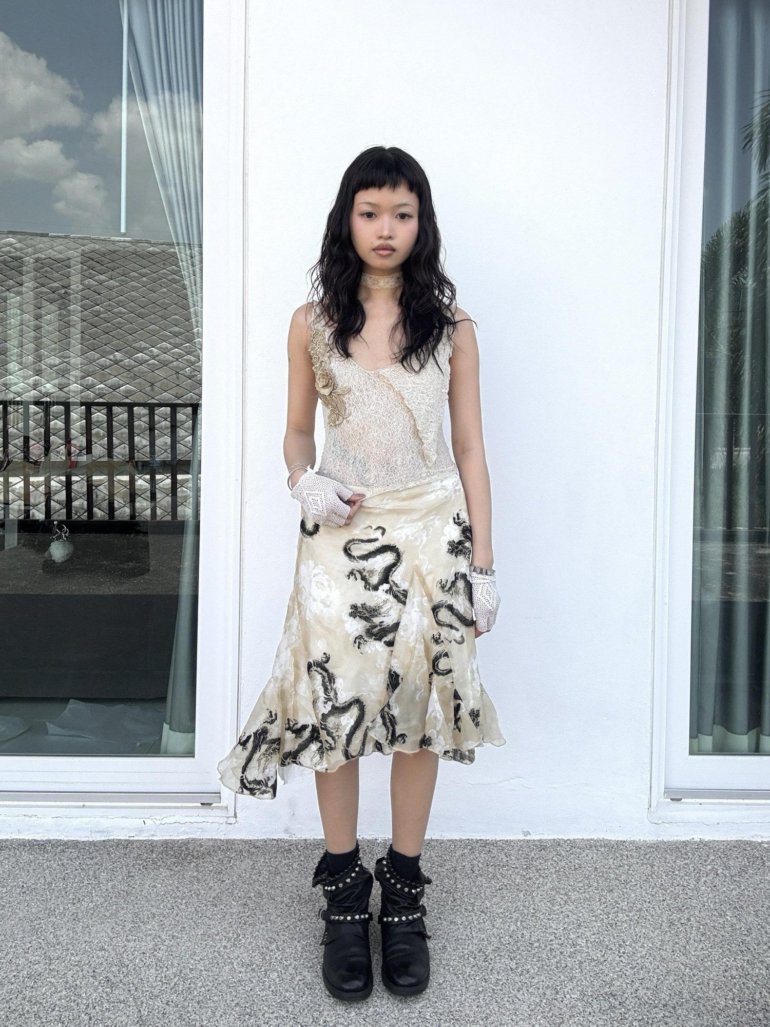 Chipchipshop Dragon Print Panel Hand Pleated Aline High Waist Women&