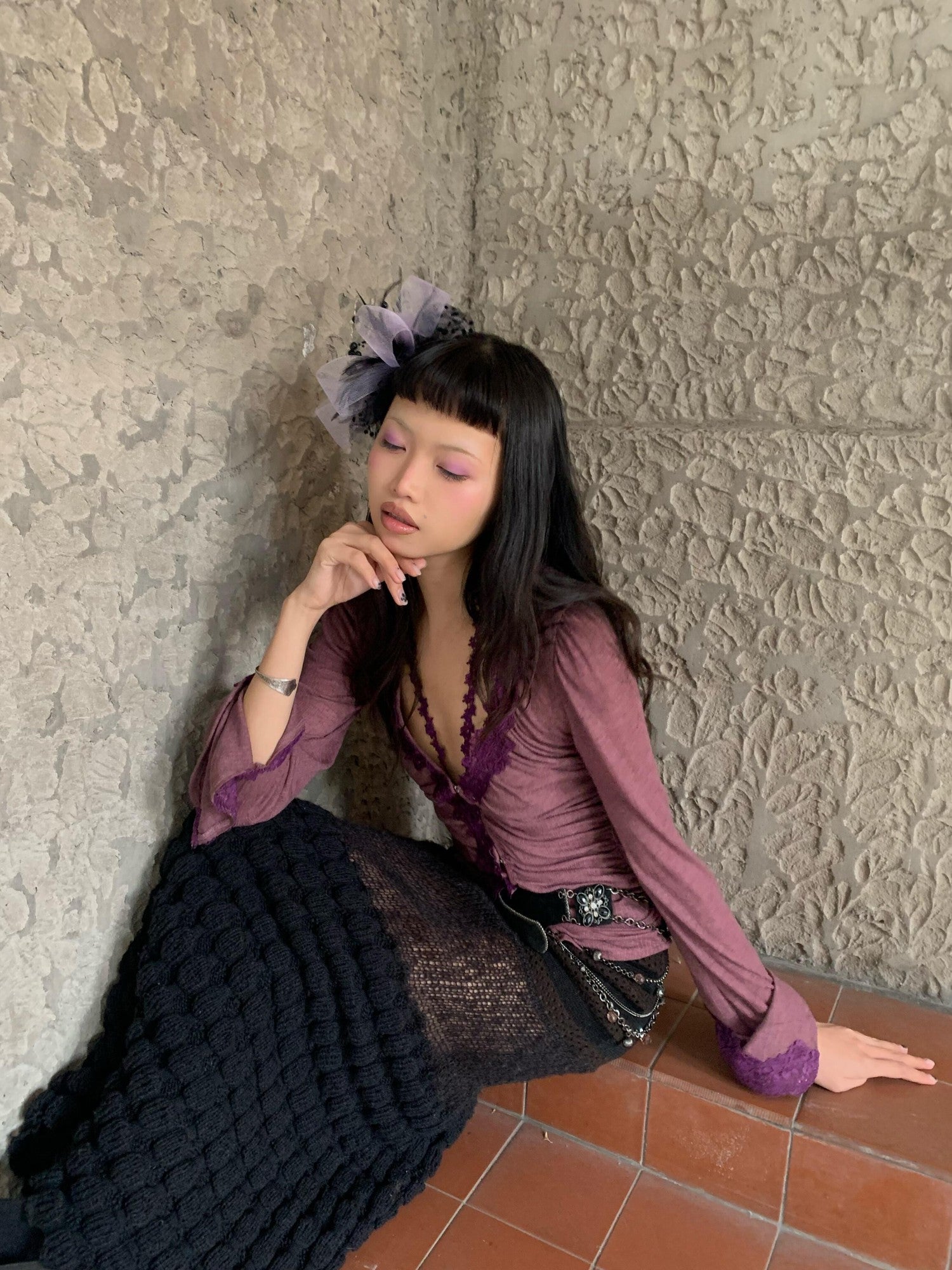 Chipchipshop Gray Purple V-neck Buttoned Slim Sheer Women&