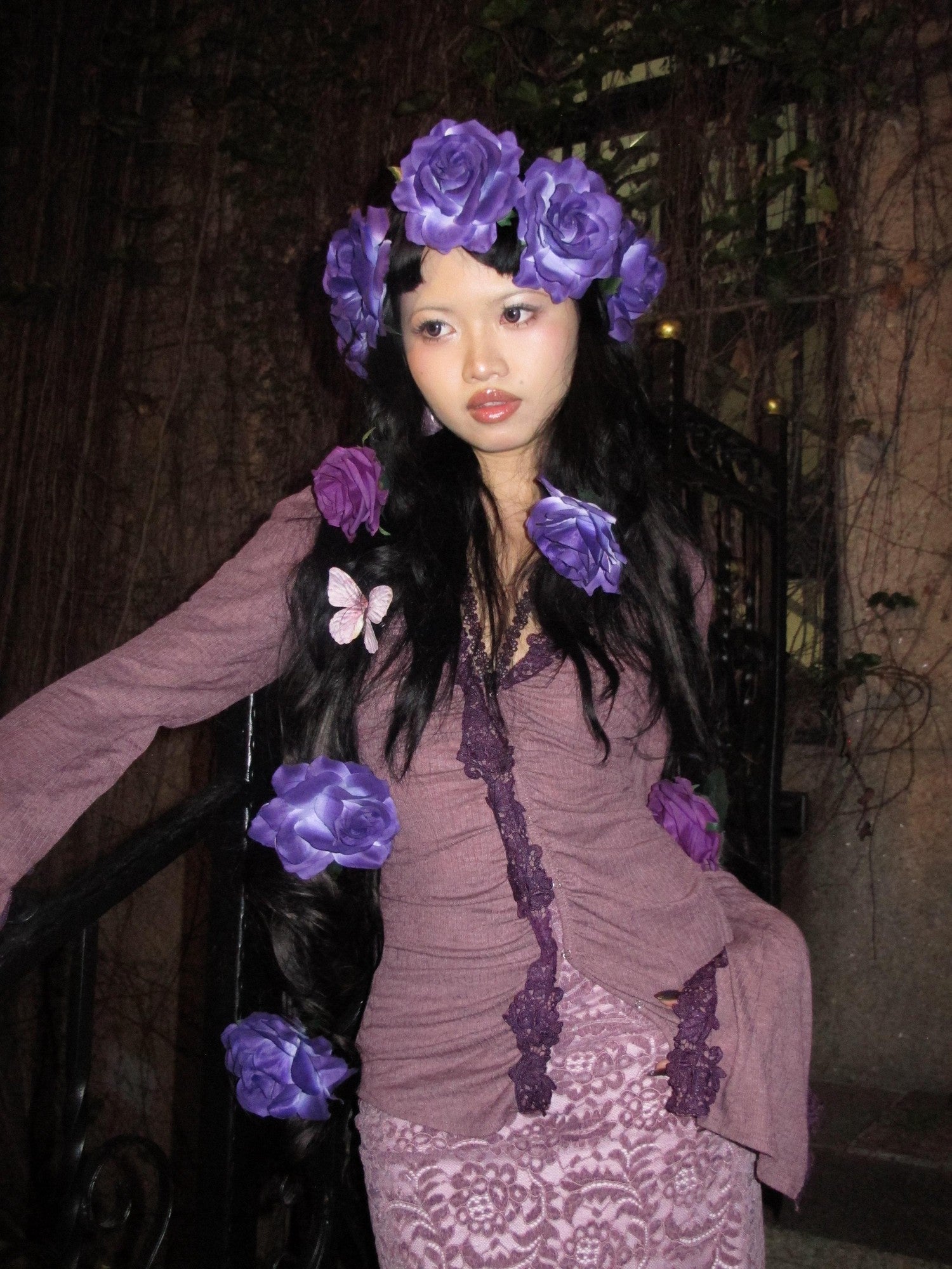 Chipchipshop Gray Purple V-neck Buttoned Slim Sheer Women&