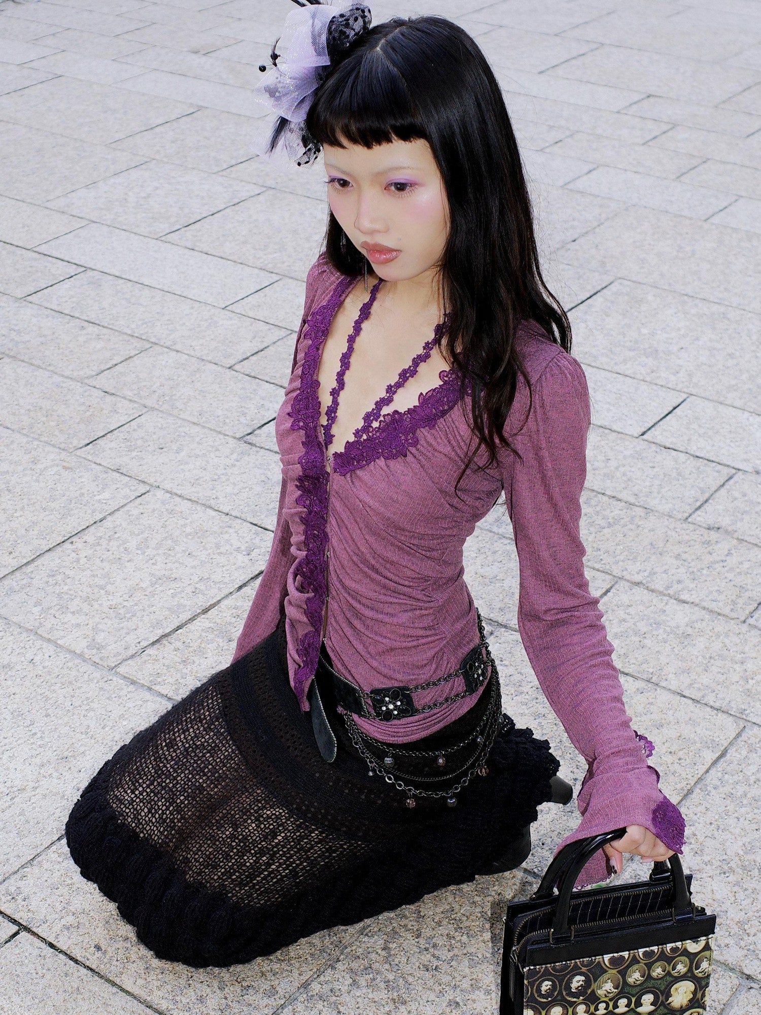 Chipchipshop Gray Purple V-neck Buttoned Slim Sheer Women&
