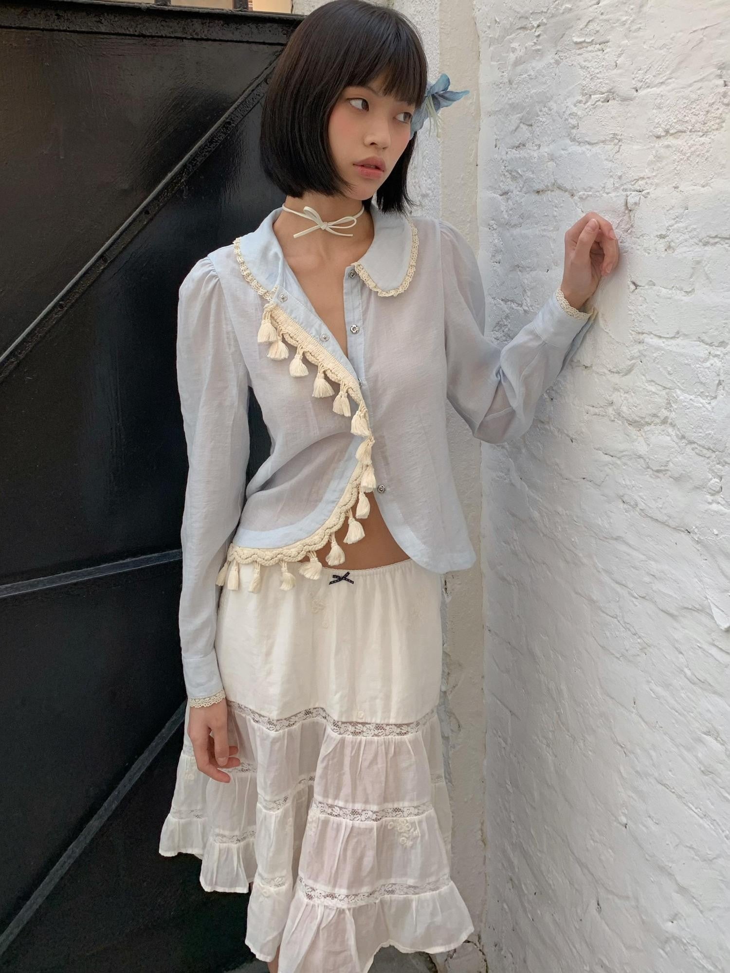 Chipchipshop Light Blue Peter Pan Collar Lace Tassel Asymmetric Women&