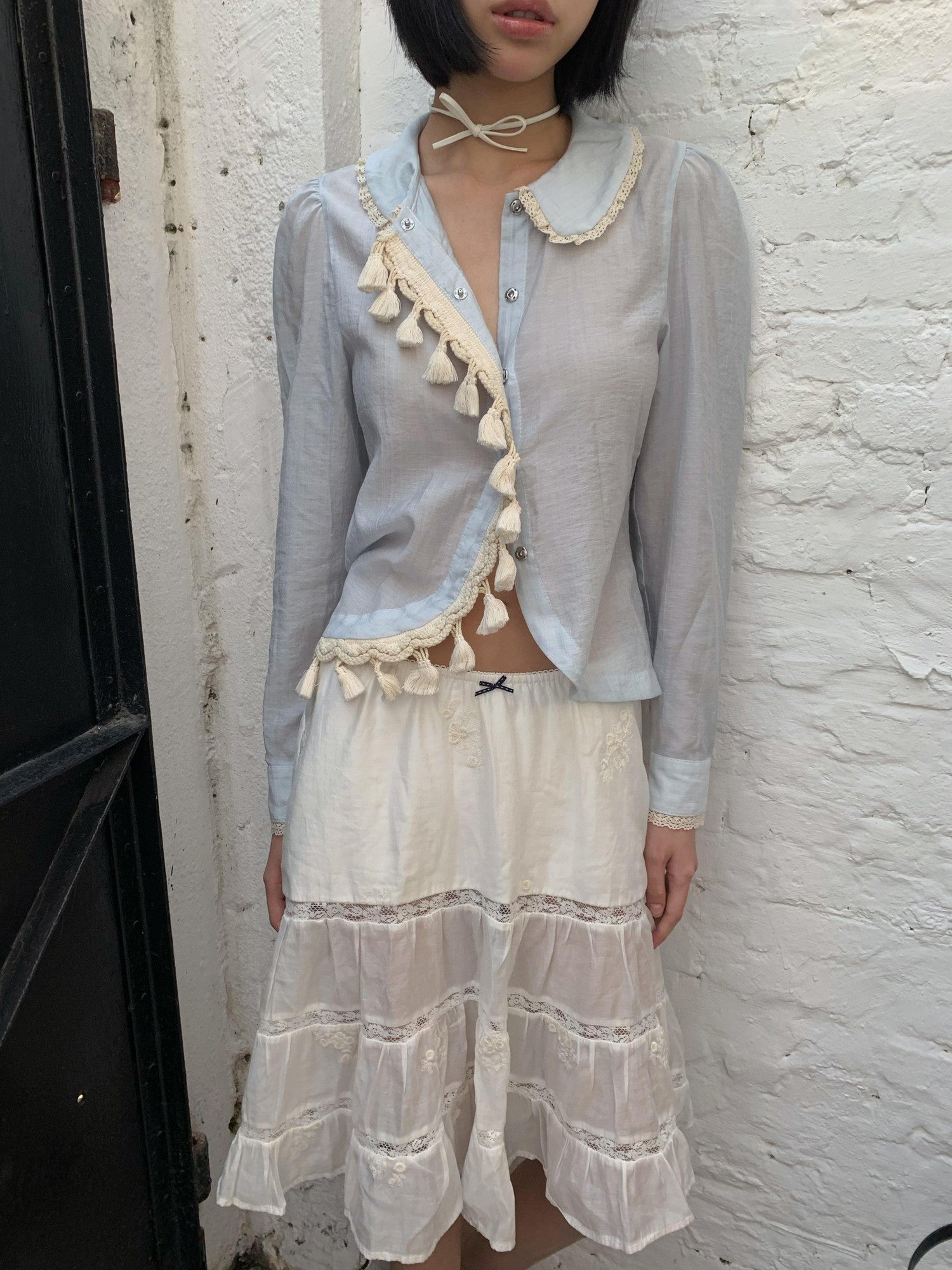 Chipchipshop Light Blue Peter Pan Collar Lace Tassel Asymmetric Women&