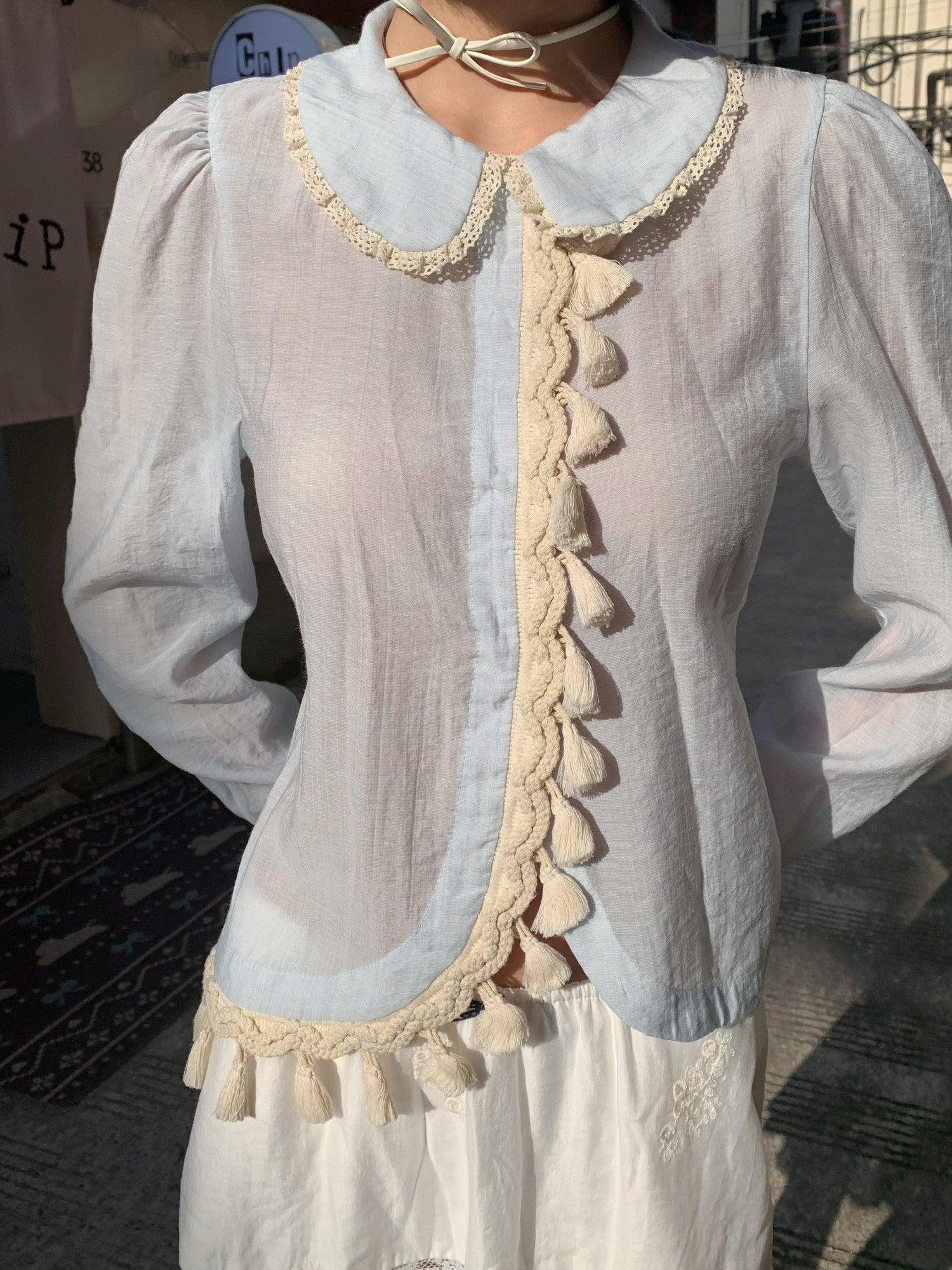 Chipchipshop Light Blue Peter Pan Collar Lace Tassel Asymmetric Women&