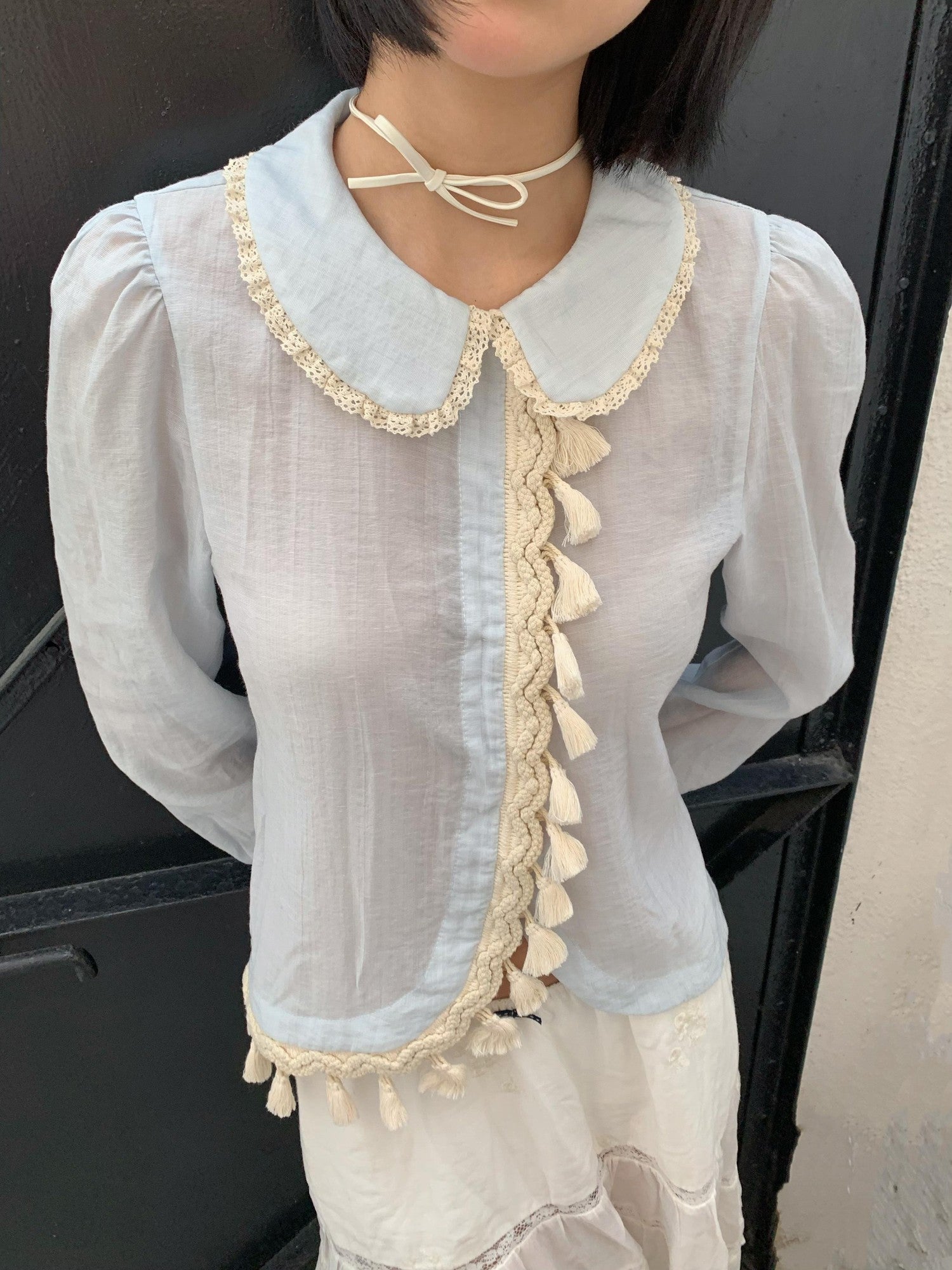 Chipchipshop Light Blue Peter Pan Collar Lace Tassel Asymmetric Women&