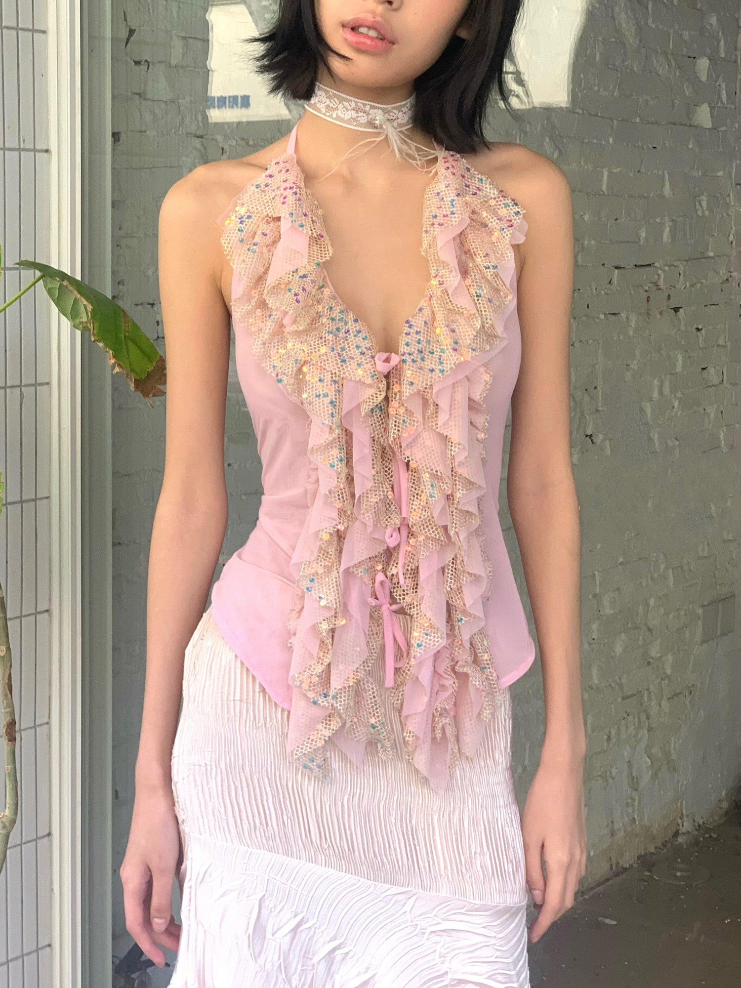 Chipchipshop Light Pink Sparkling Sequin Ruffle Women&
