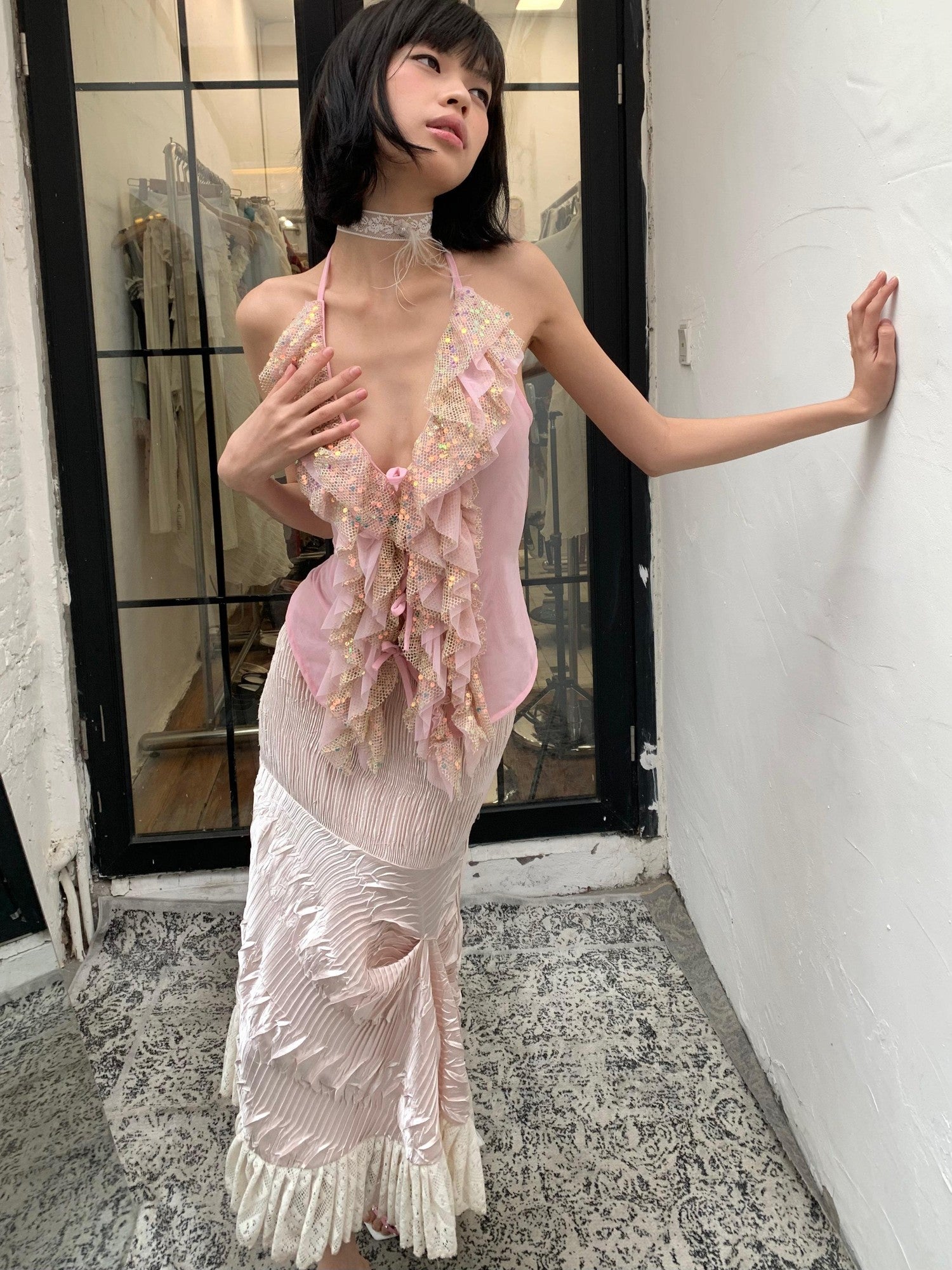 Chipchipshop Light Pink Sparkling Sequin Ruffle Women&