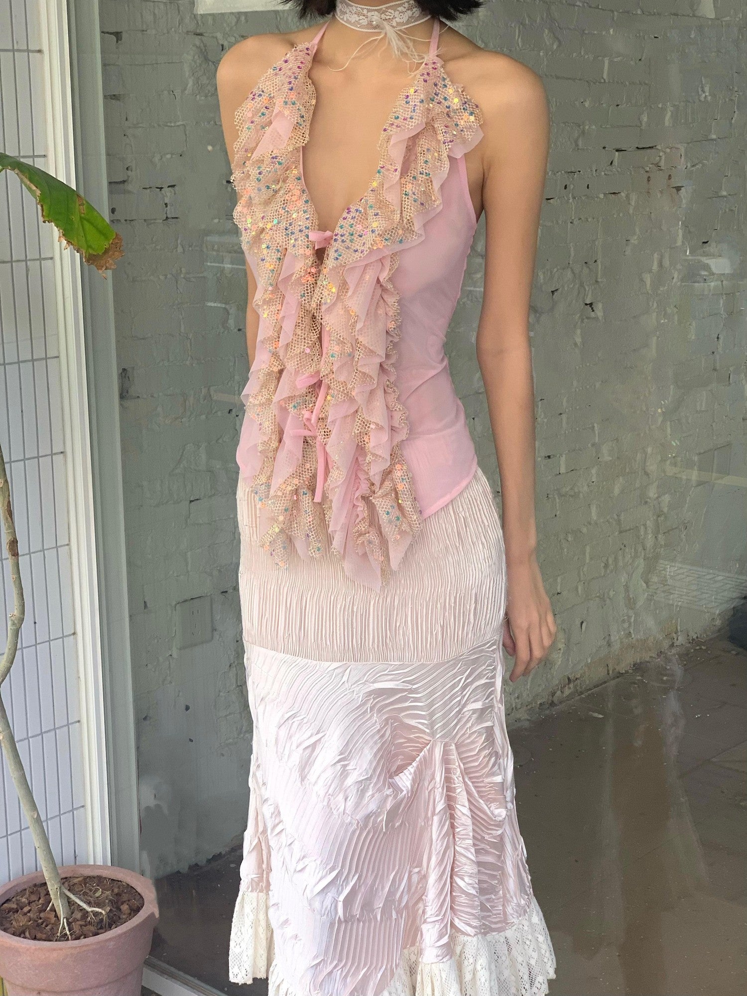 Chipchipshop Light Pink Sparkling Sequin Ruffle Women&