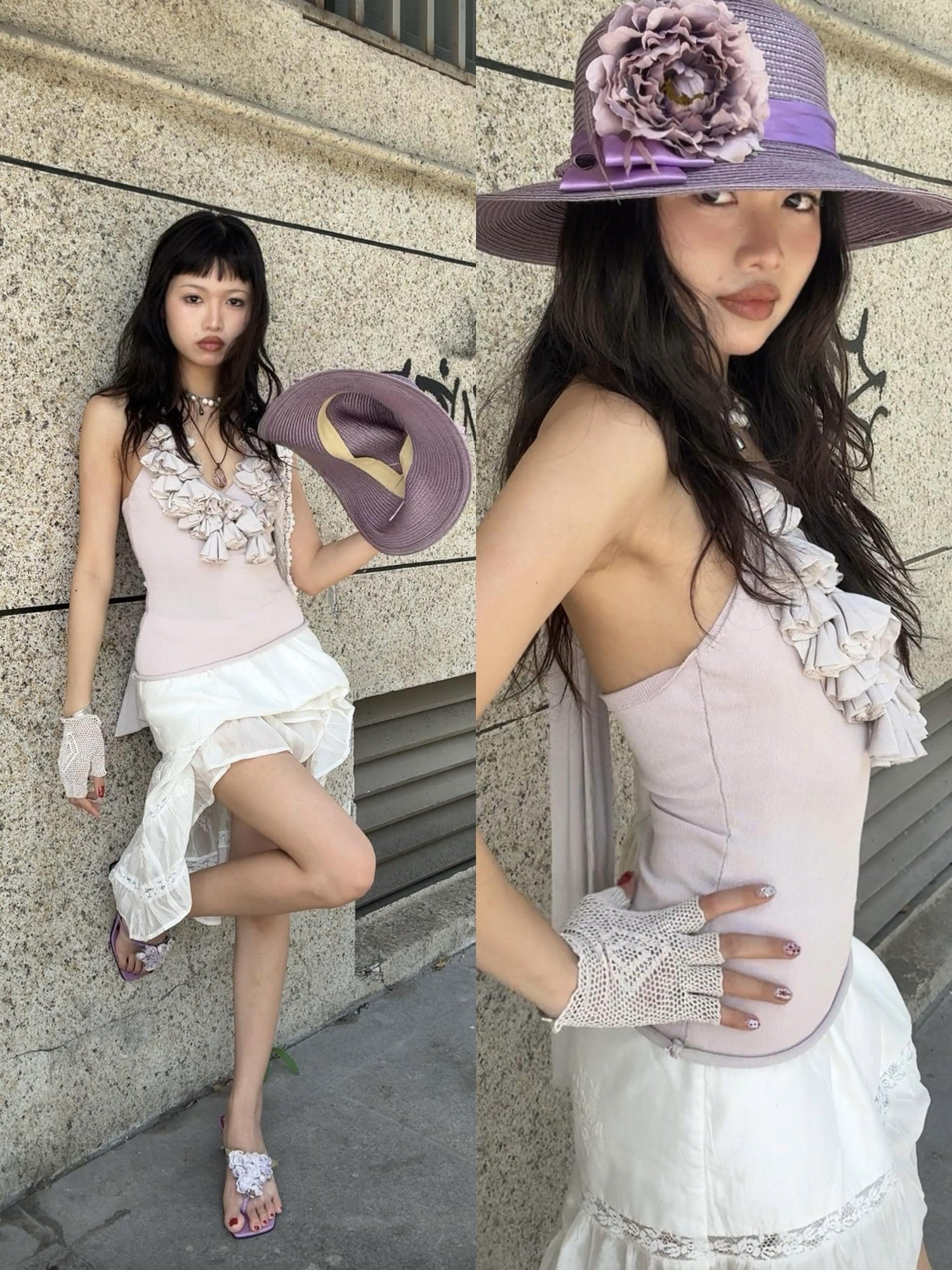 Chipchipshop Light Purple Ruffle Lace Pleated Women&