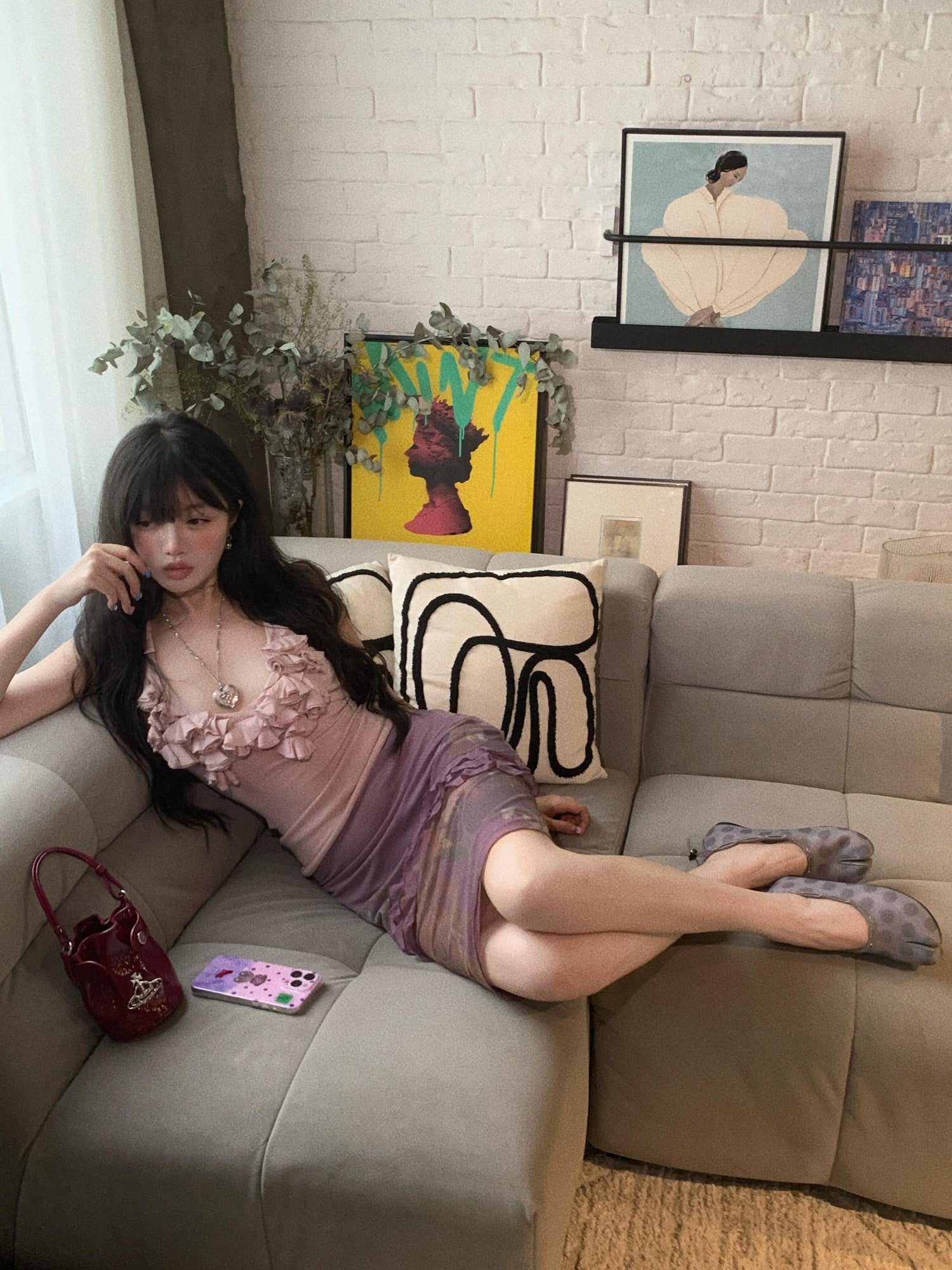 Chipchipshop Light Purple Ruffle Lace Pleated Women&