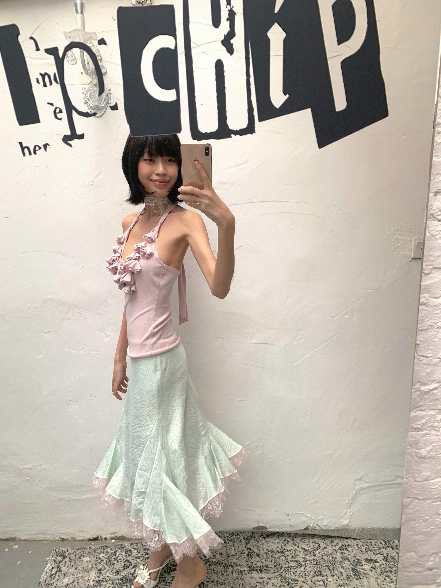 Chipchipshop Mint Green Pale Pink Lace Ruffle Flared Women&