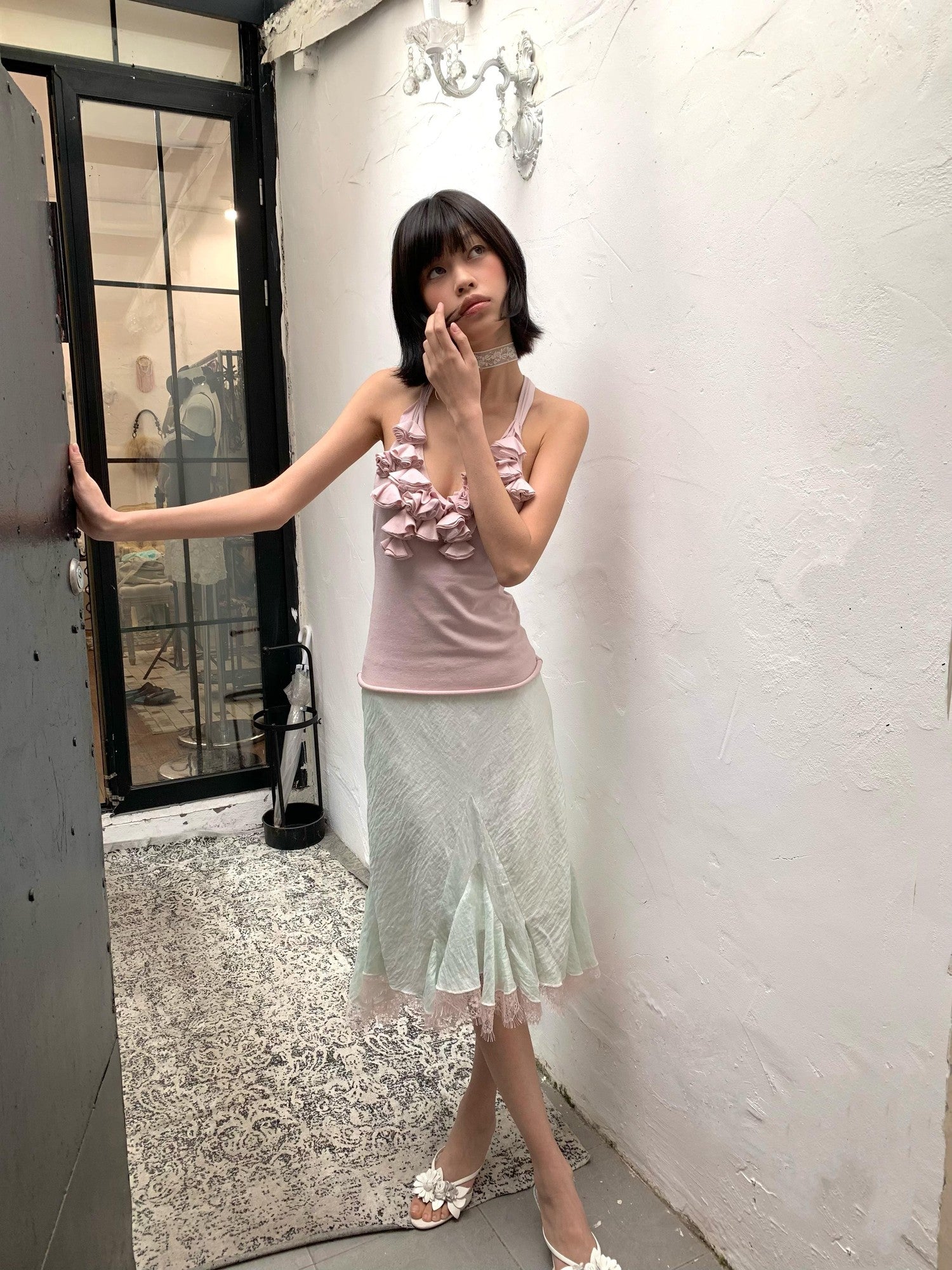 Chipchipshop Mint Green Pale Pink Lace Ruffle Flared Women&
