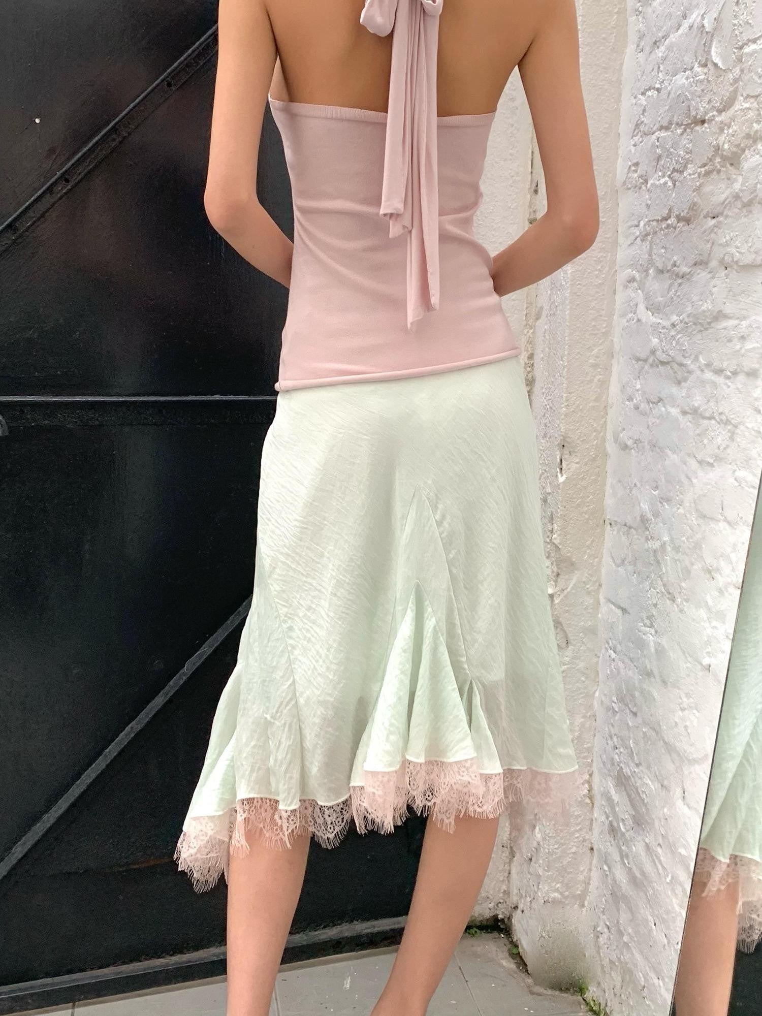 Chipchipshop Mint Green Pale Pink Lace Ruffle Flared Women&