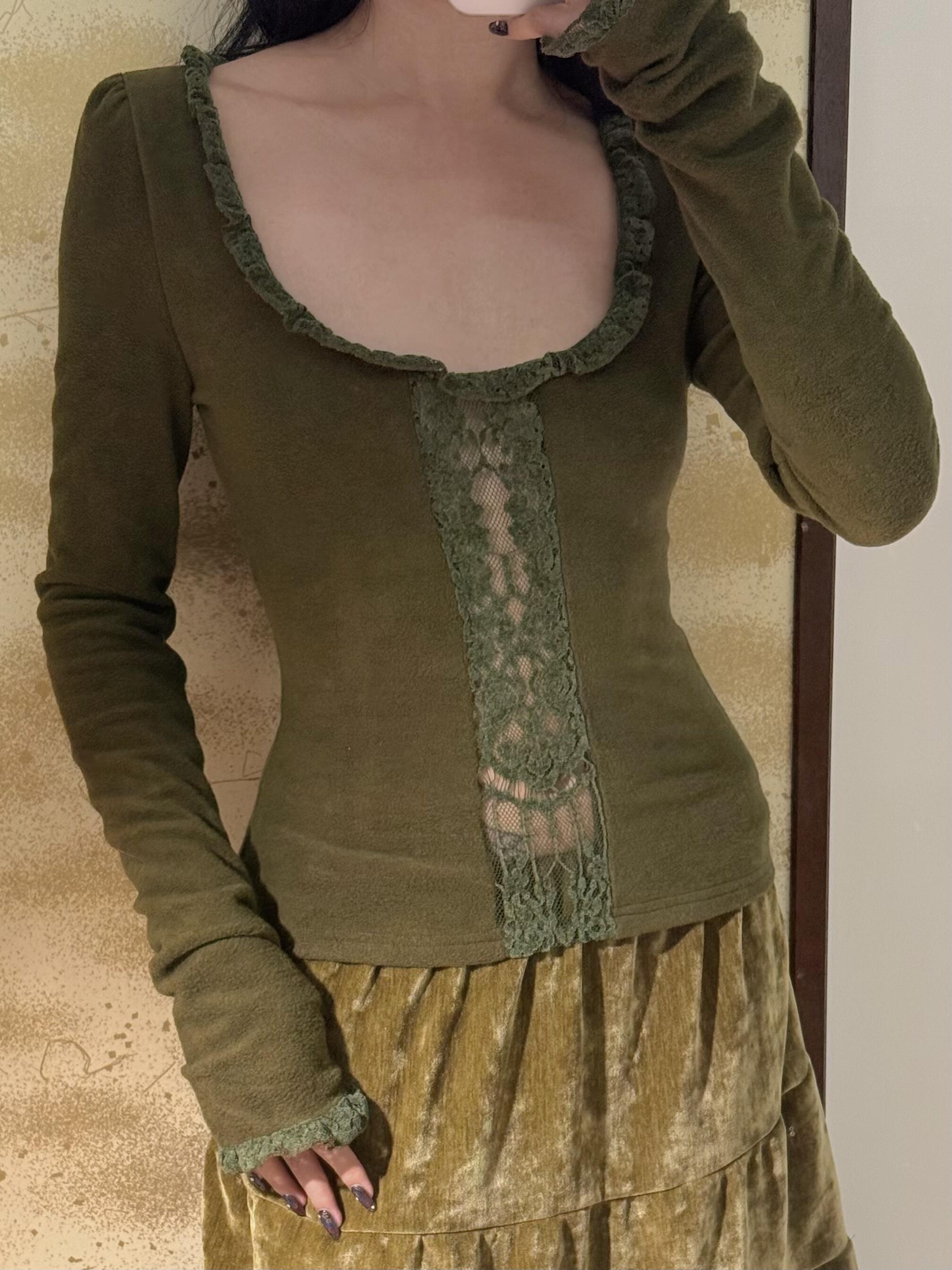 Chipchipshop_Moss_Green_Vintage_Lace_Round_Neck_Women&