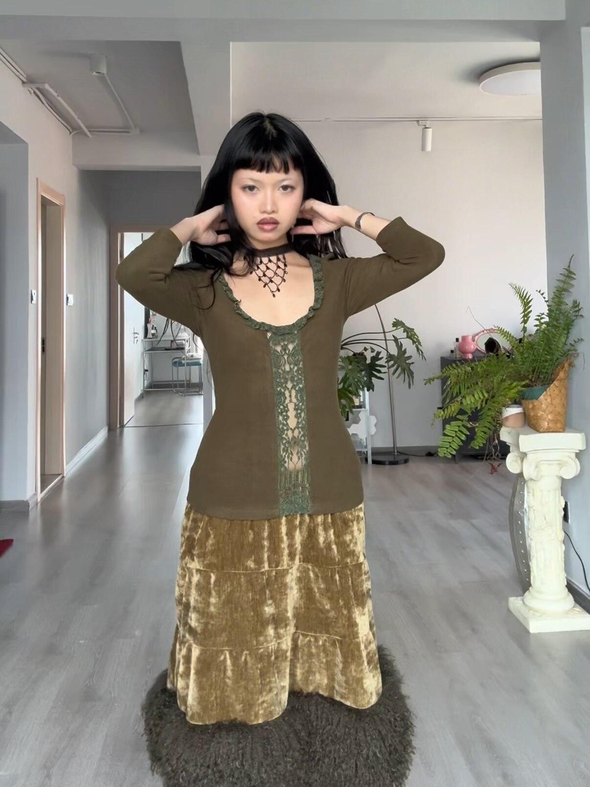 Chipchipshop Moss Green Vintage Lace Round Neck Women&