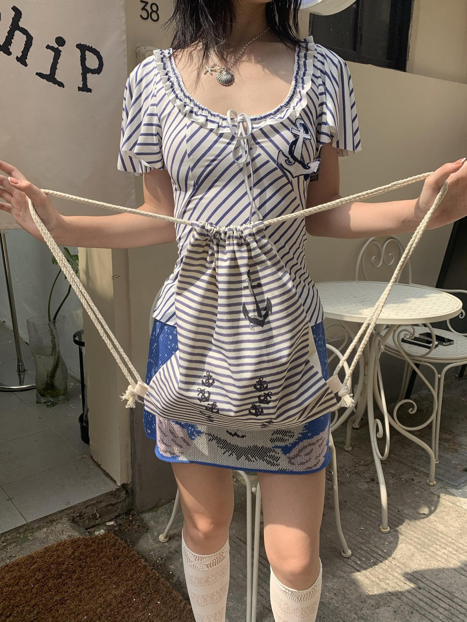 Chipchipshop Nautical Retro Striped Flutter Sleeve Women&