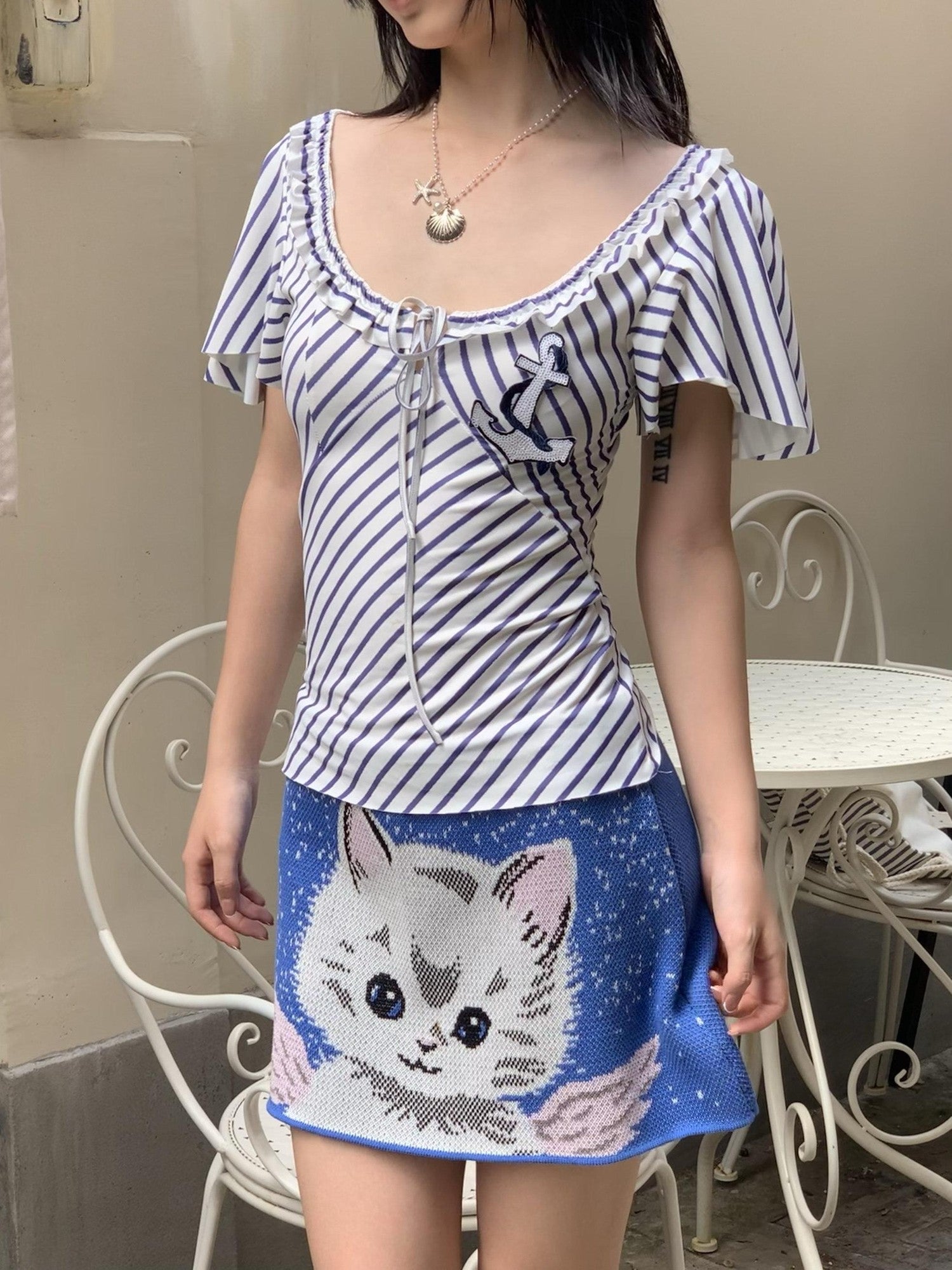 Chipchipshop Nautical Retro Striped Flutter Sleeve Women&