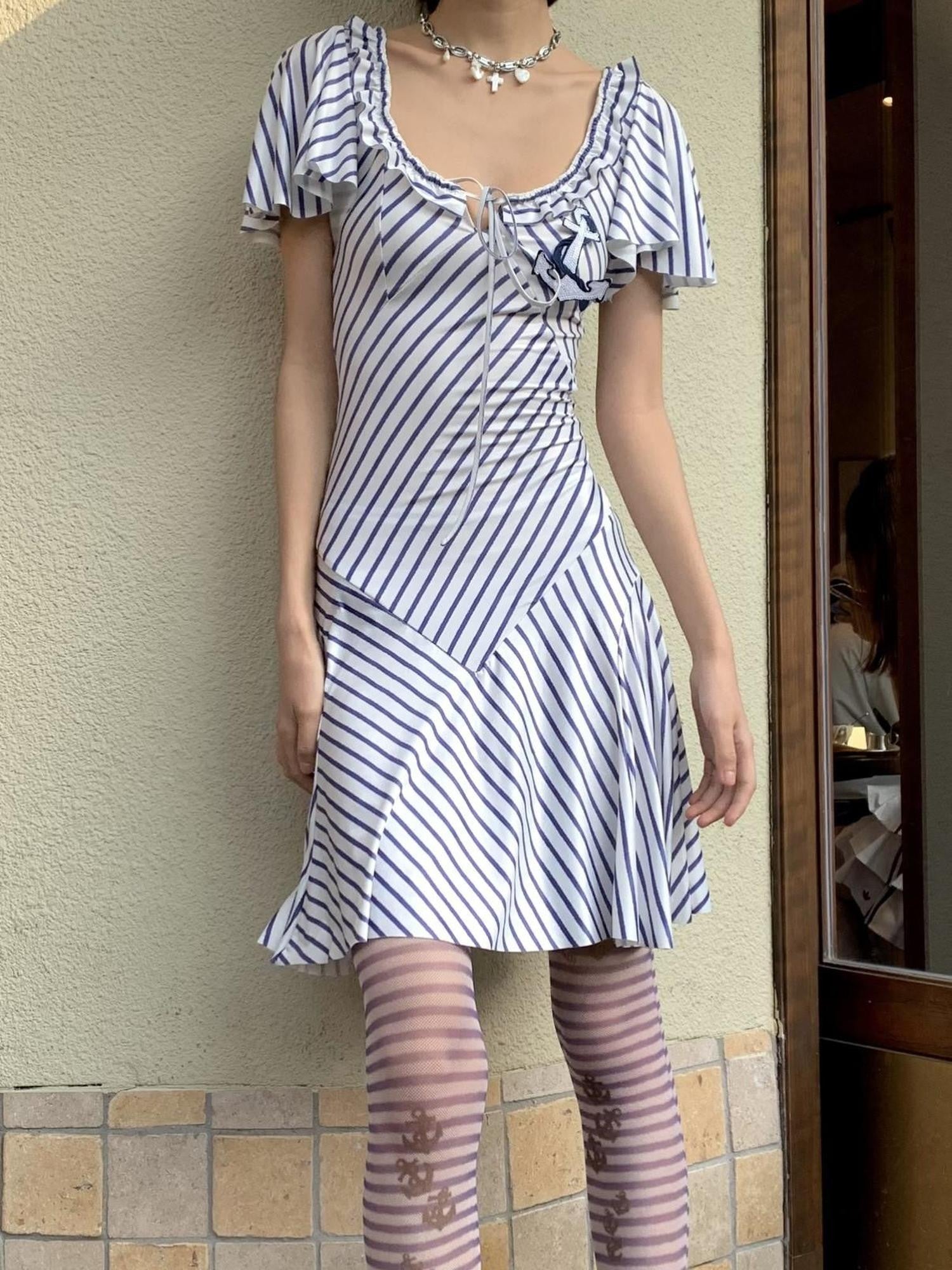 Chipchipshop Nautical Striped Puff Sleeve Square Neck Women&