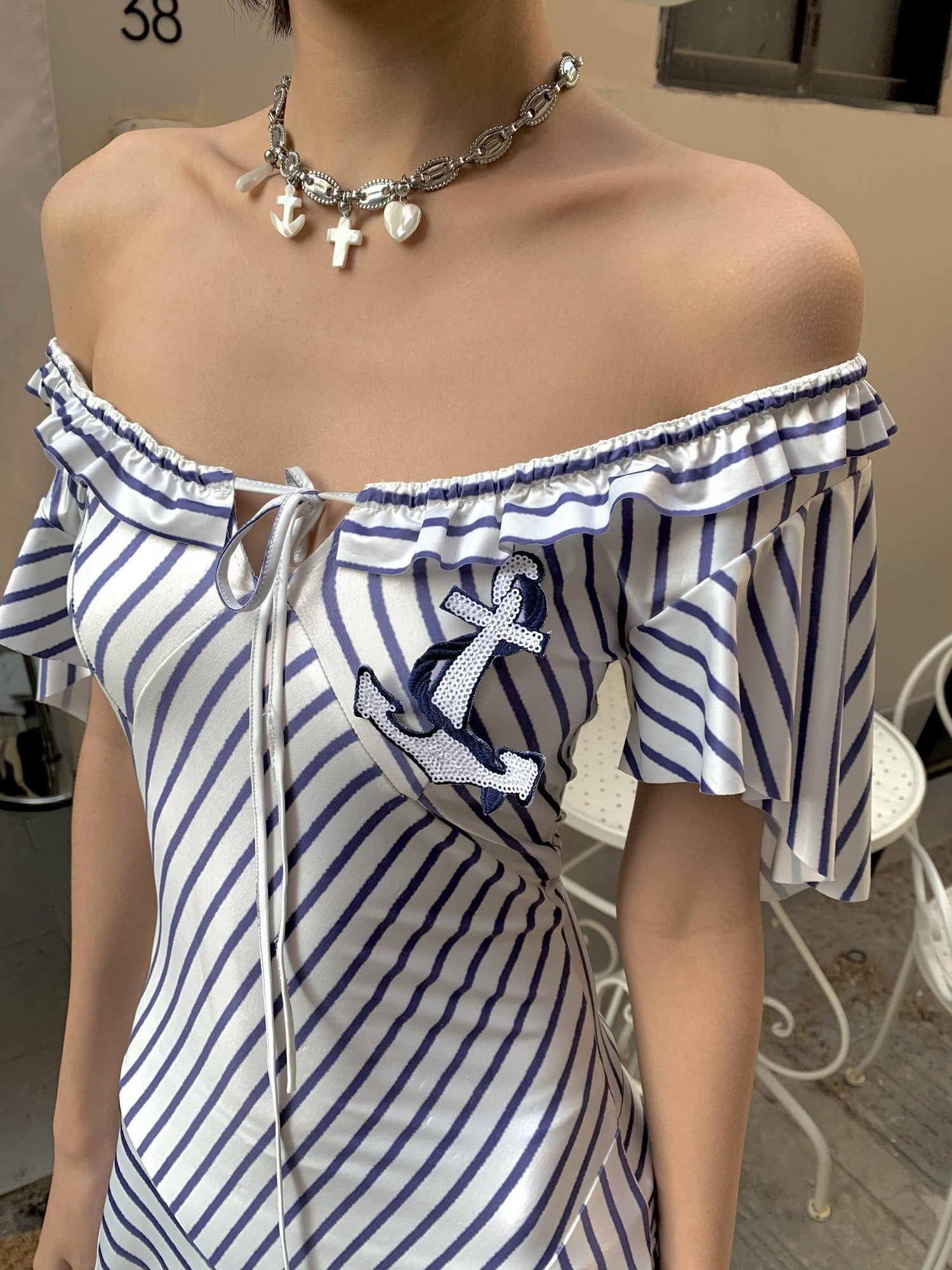 Chipchipshop Nautical Striped Puff Sleeve Square Neck Women&