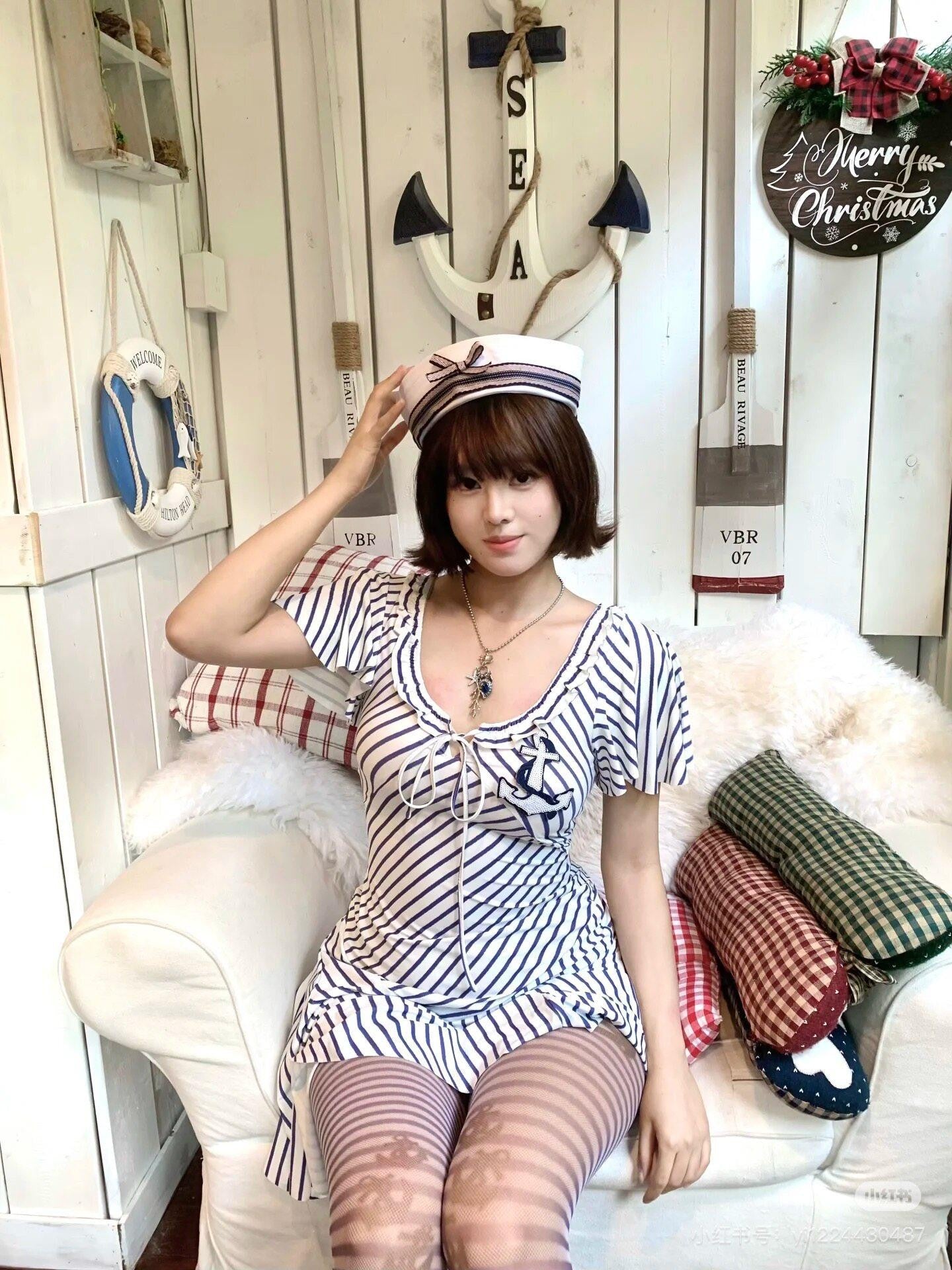Chipchipshop Nautical Striped Puff Sleeve Square Neck Women&