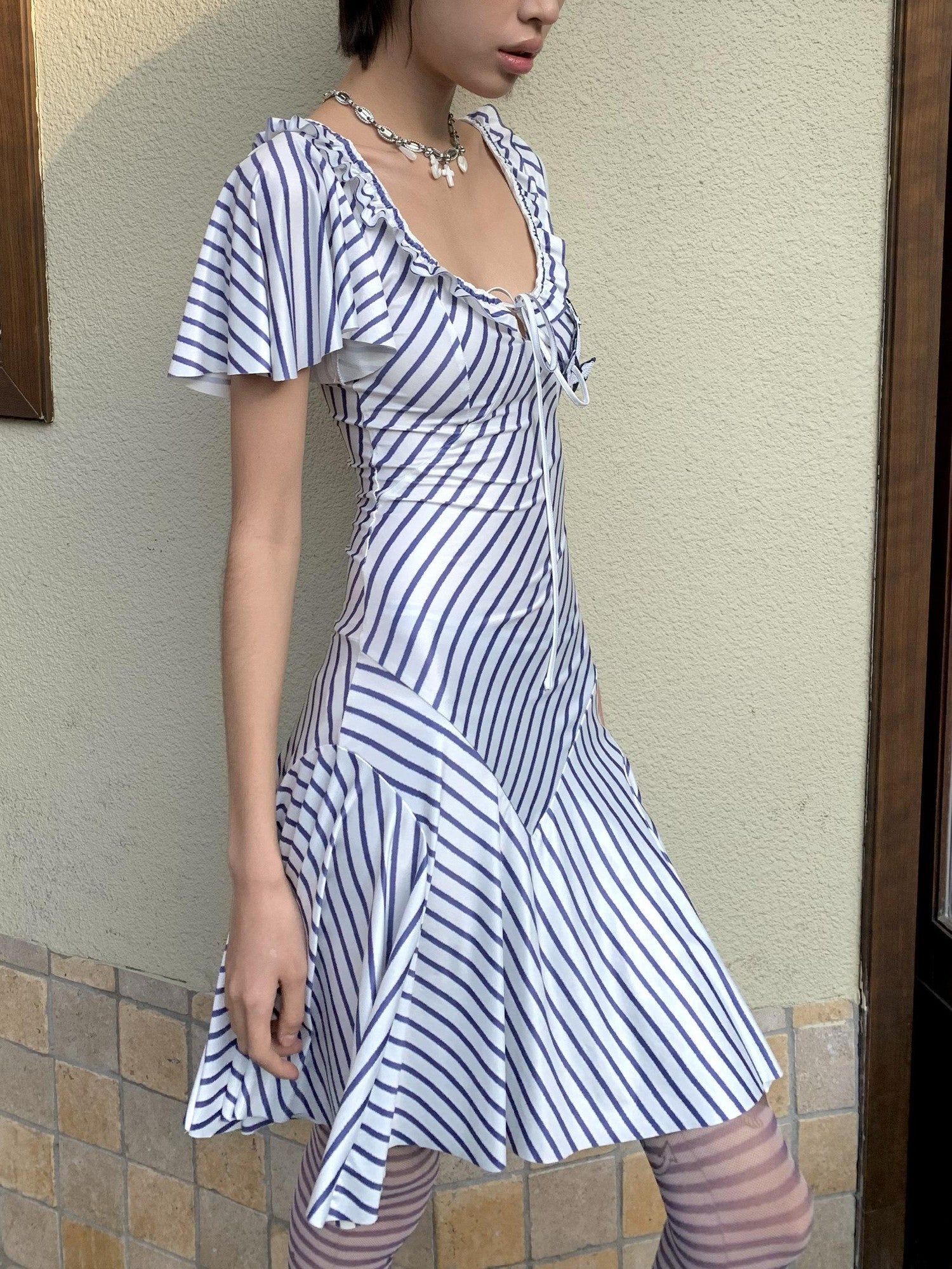 Chipchipshop Nautical Striped Puff Sleeve Square Neck Women&