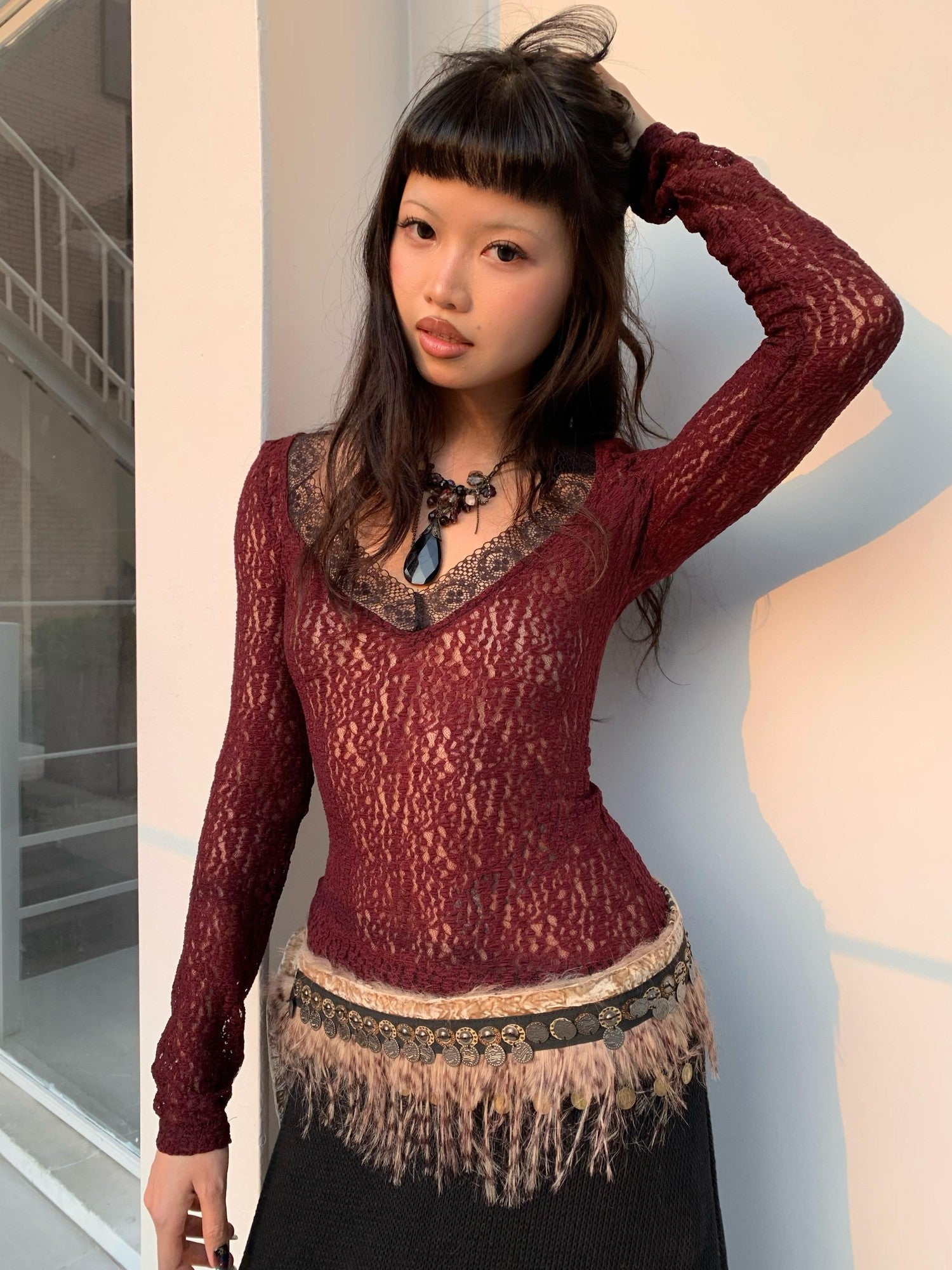Chipchipshop Russet Lace Slim V-neck Nude Lined Women&