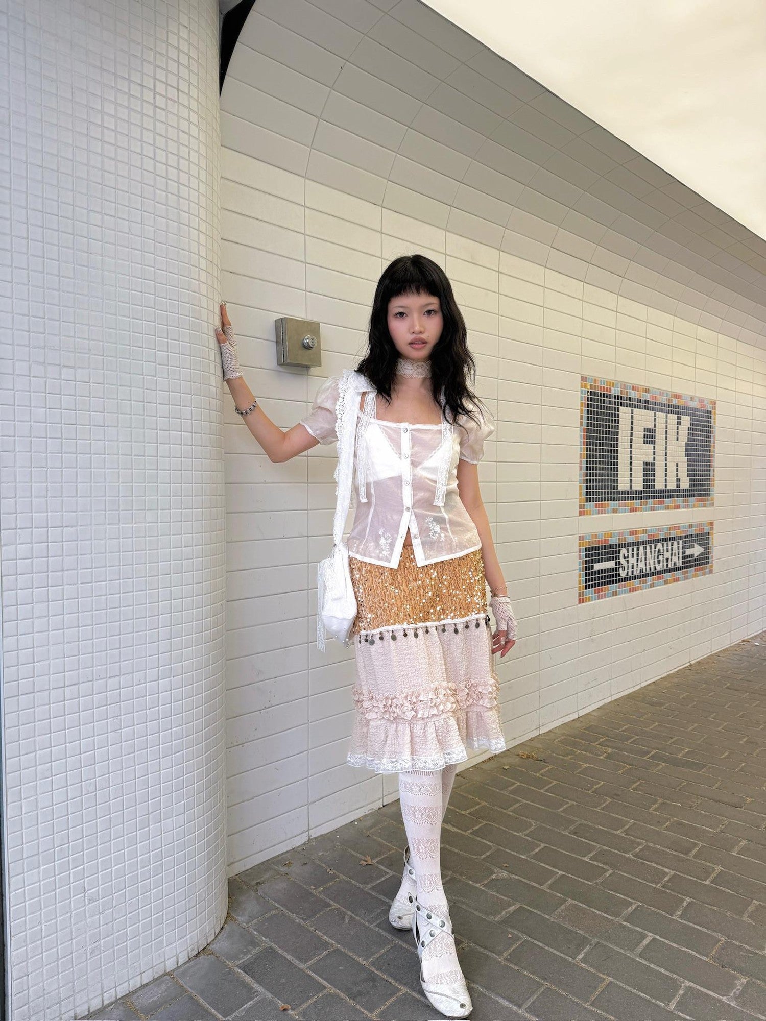 Chipchipshop Sheer Lace Panel Puff Sleeve Women&