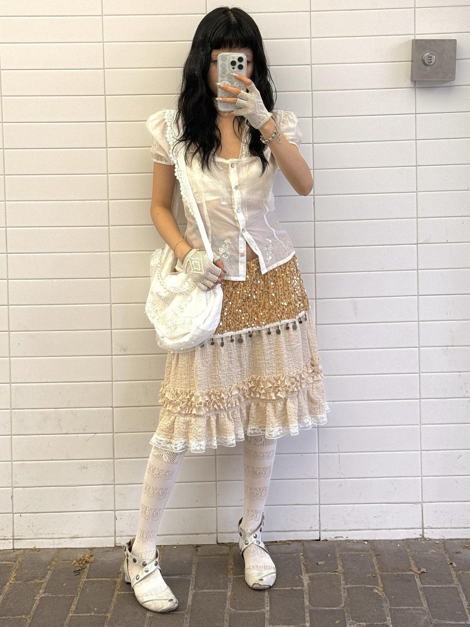 Chipchipshop Sparkling Sequin Lace Patchwork A Line High Waist Women&