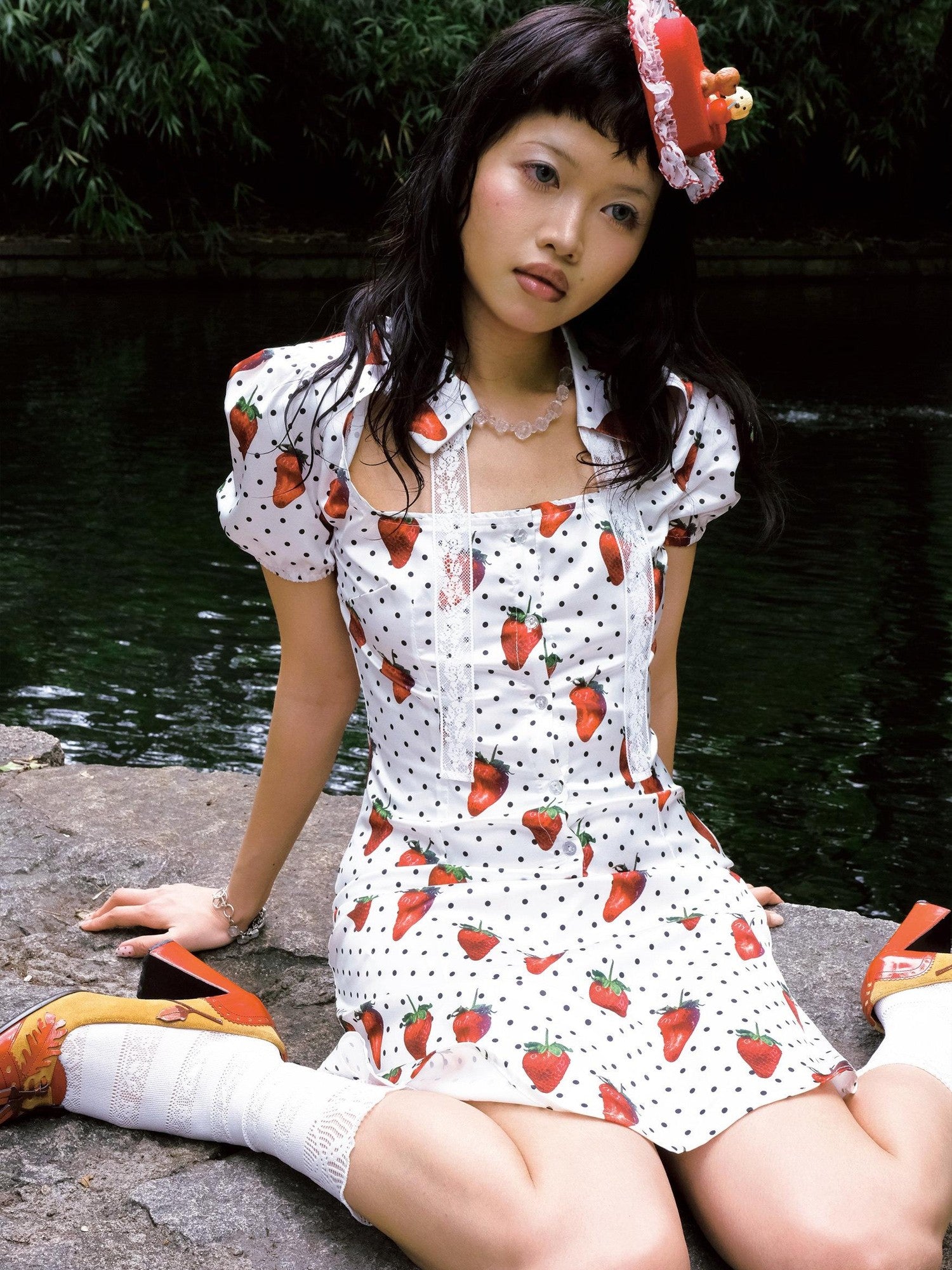 Chipchipshop Strawberry Polka Dot Bubble Sleeve Women&