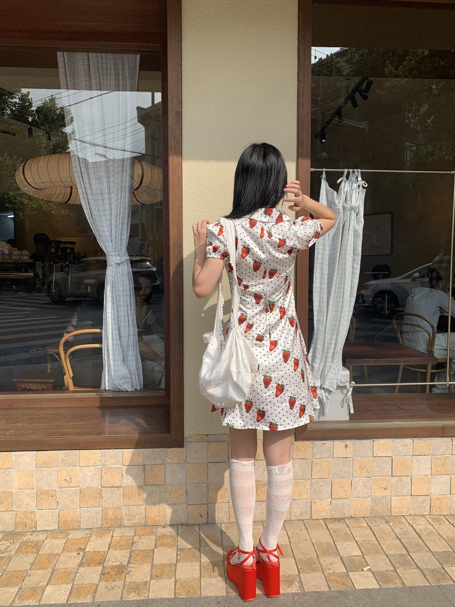 Chipchipshop Strawberry Polka Dot Bubble Sleeve Women&