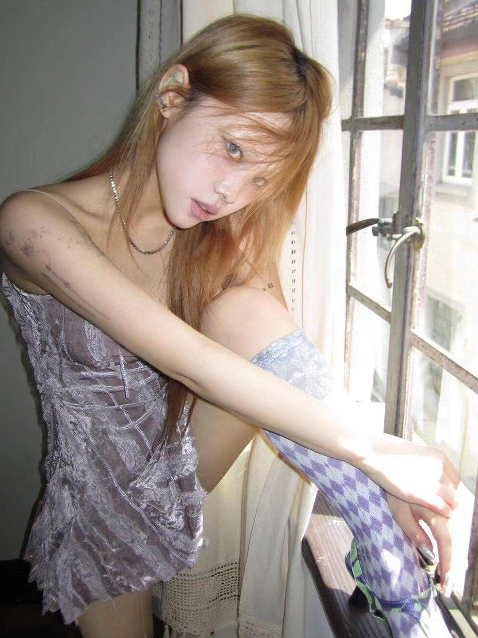 Chipchipshop Velvet Spliced Lace Bias Cut Spaghetti Strap Women&