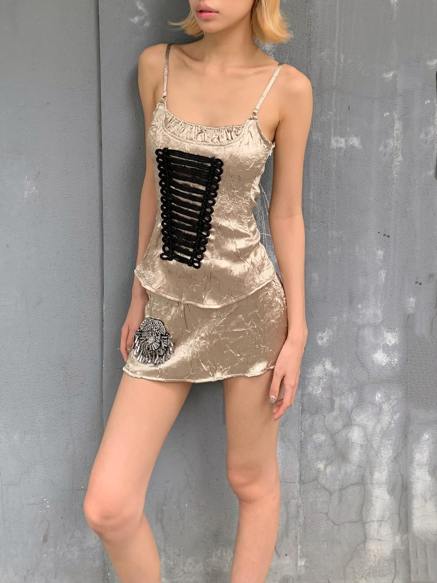 Chipchipshop Vintage Gold Removable Beaded Embroidered Pleated Women&