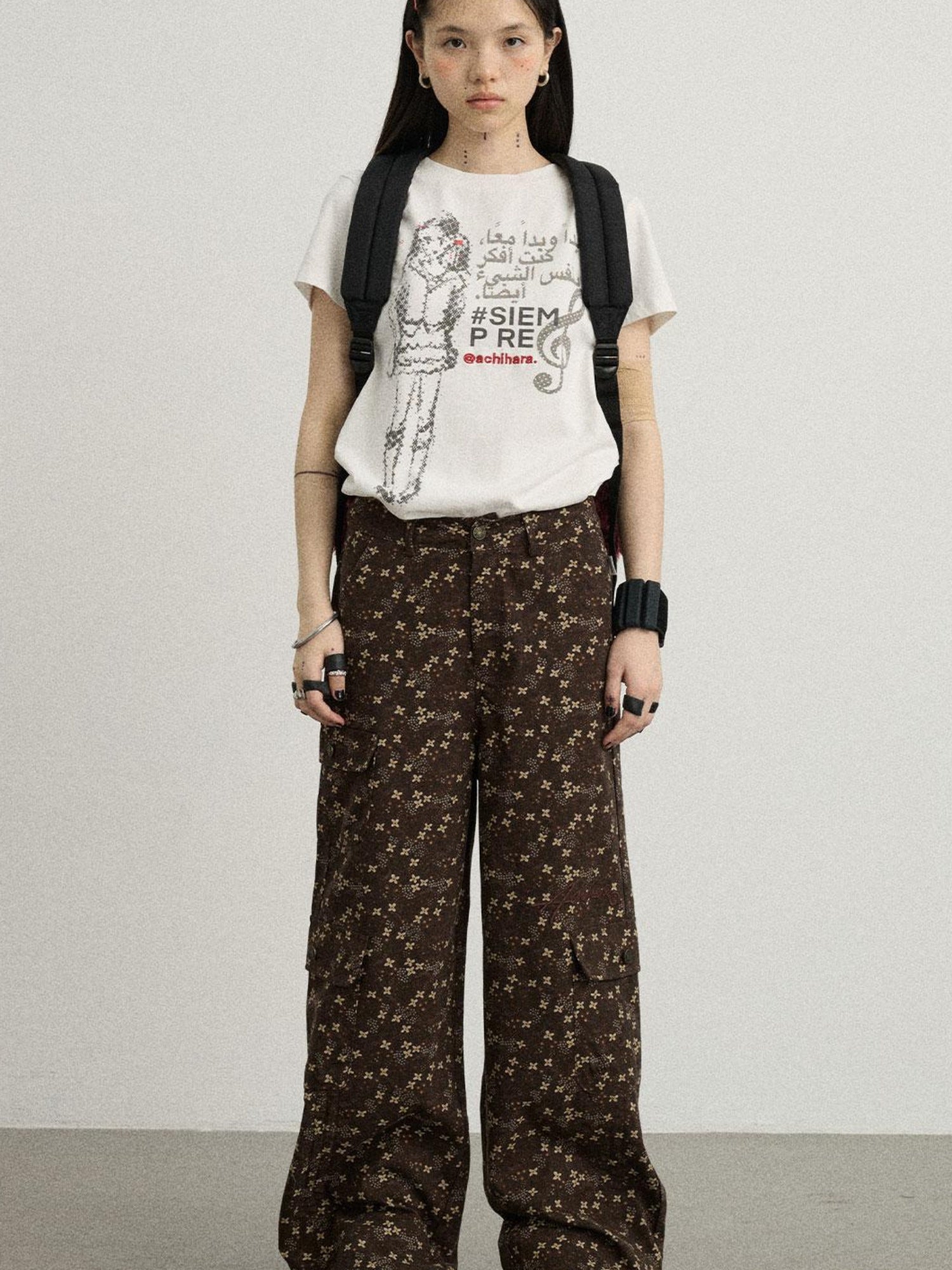 Achihara Chocolate Floral Print Casual Pants