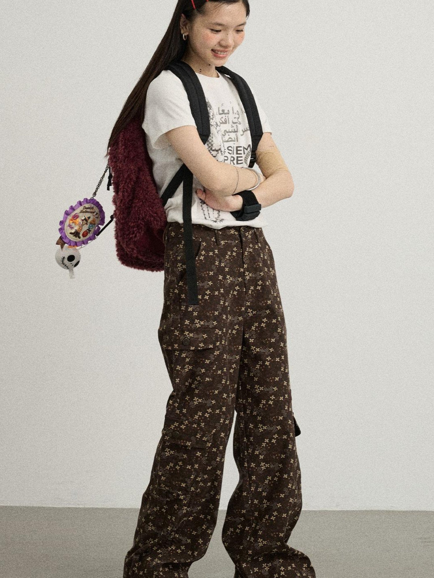Achihara Chocolate Floral Print Casual Pants