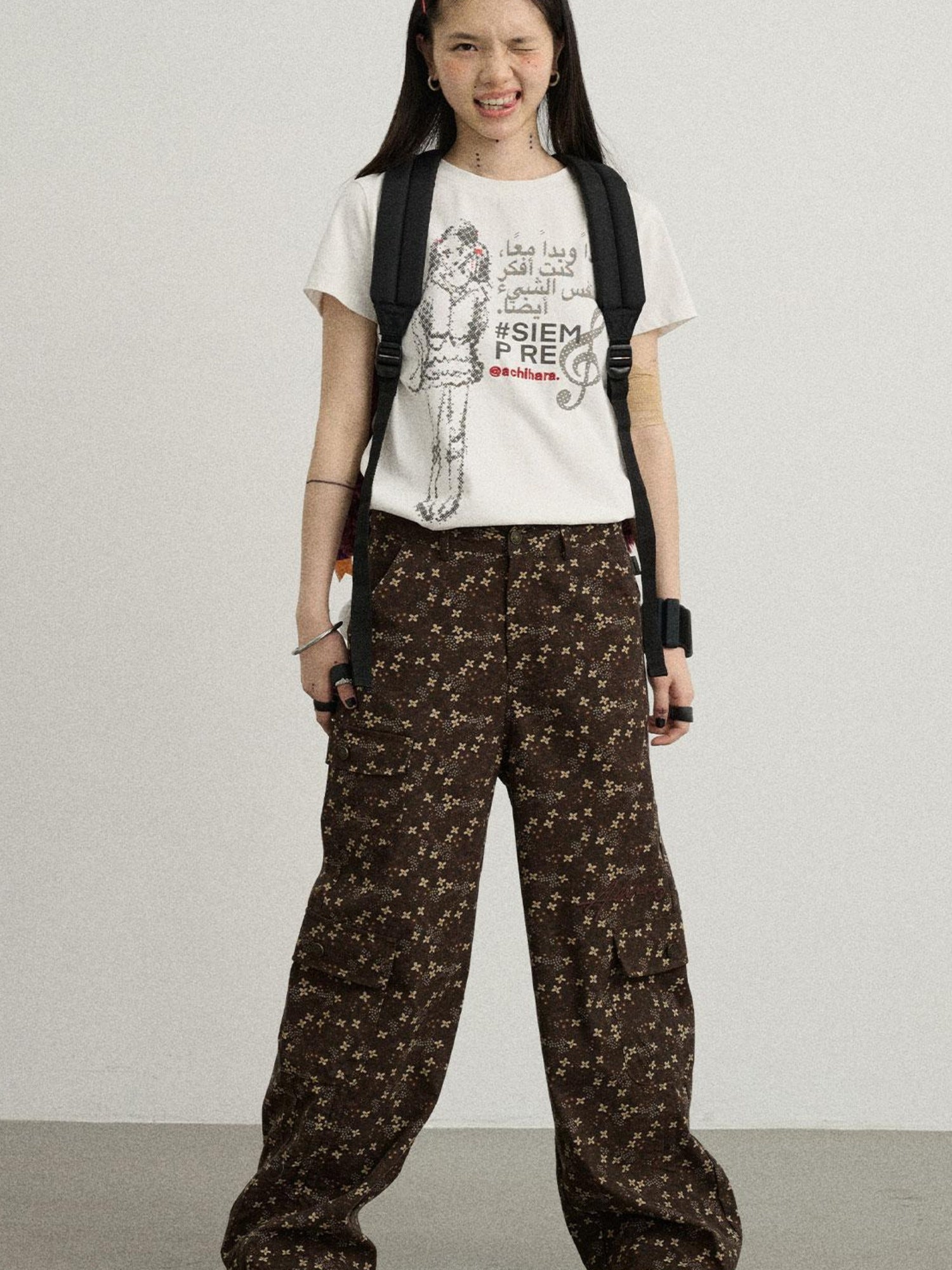 Achihara Chocolate Floral Print Casual Pants