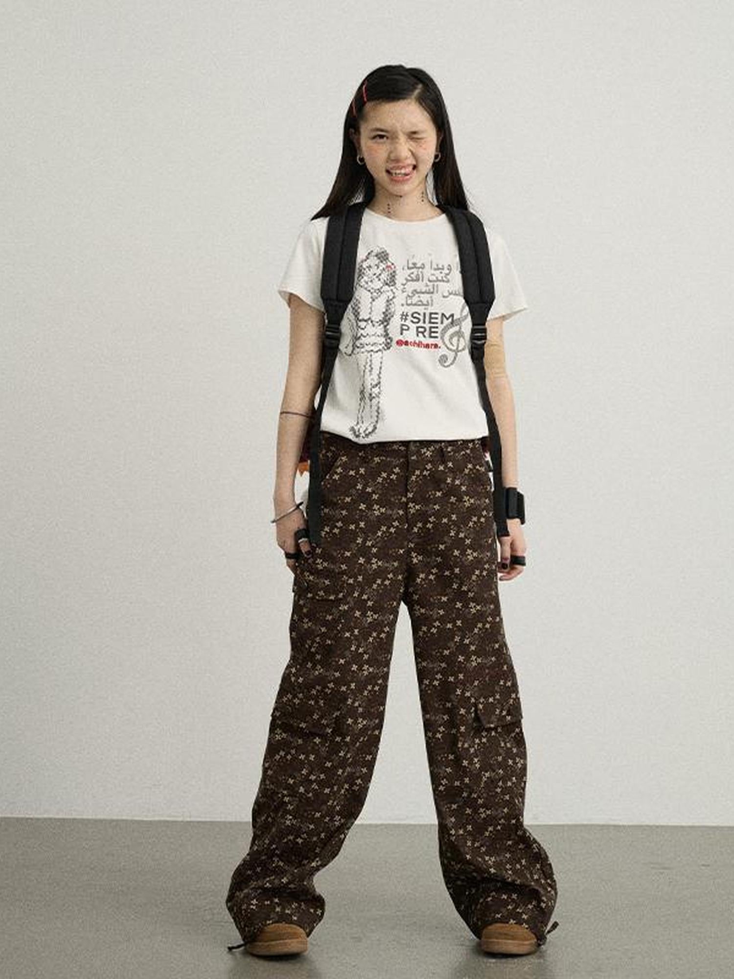 Achihara Chocolate Floral Print Casual Pants