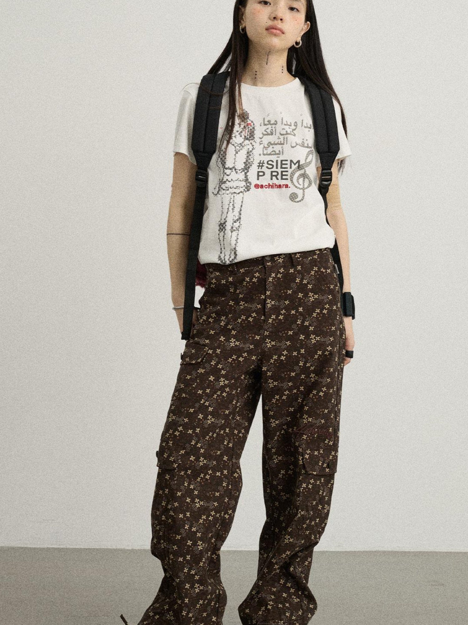 Achihara Chocolate Floral Print Casual Pants
