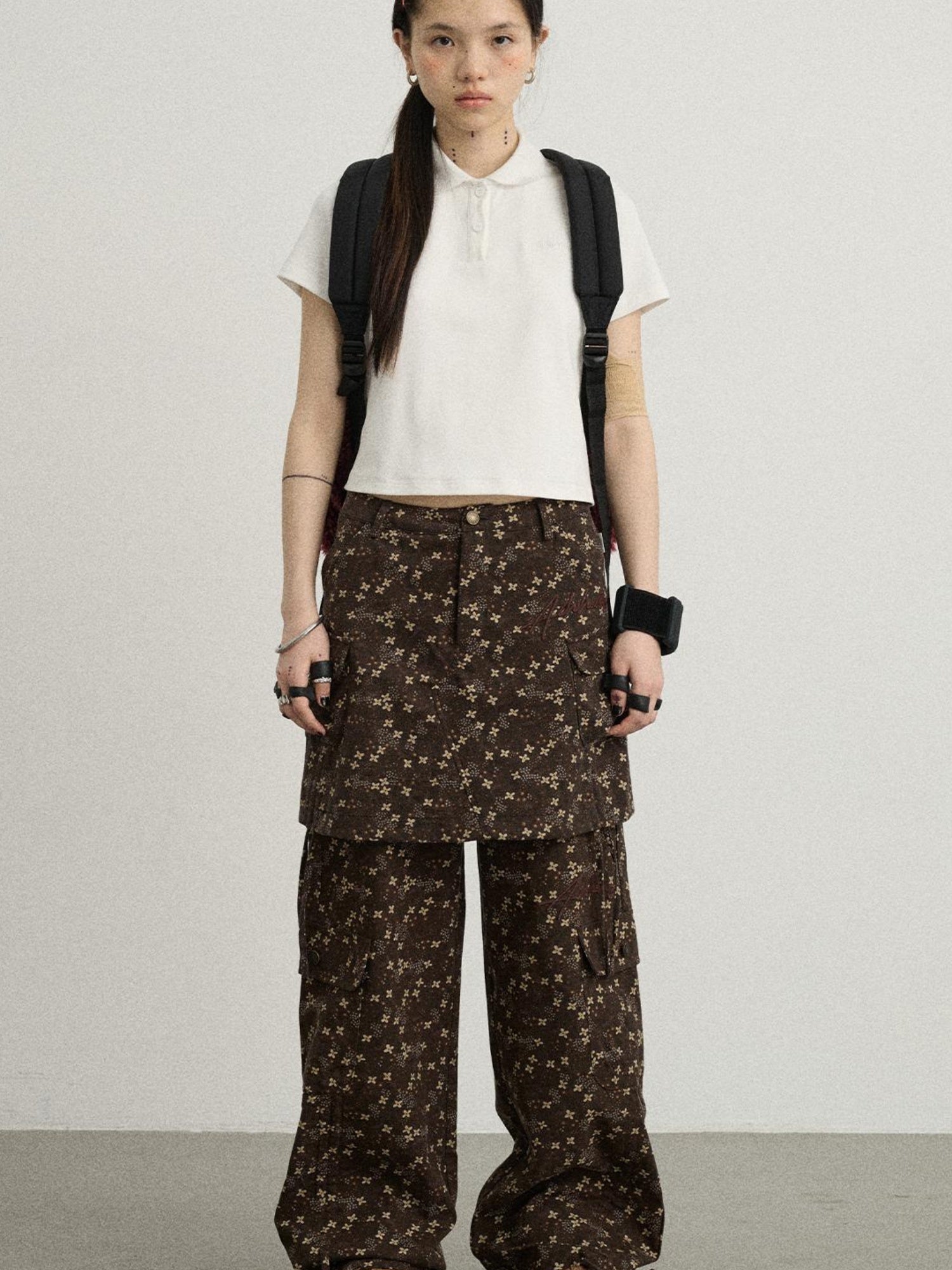 Achihara Chocolate Floral Print Casual Pants