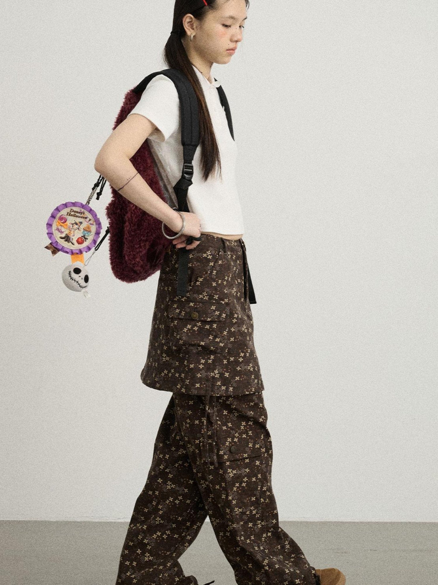 Achihara Chocolate Floral Print Casual Pants