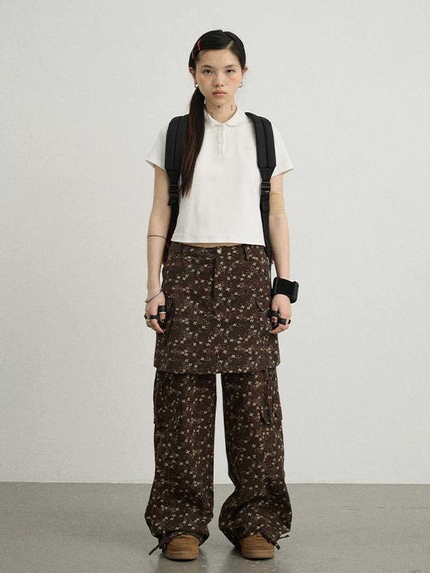 Achihara Chocolate Floral Print Casual Pants