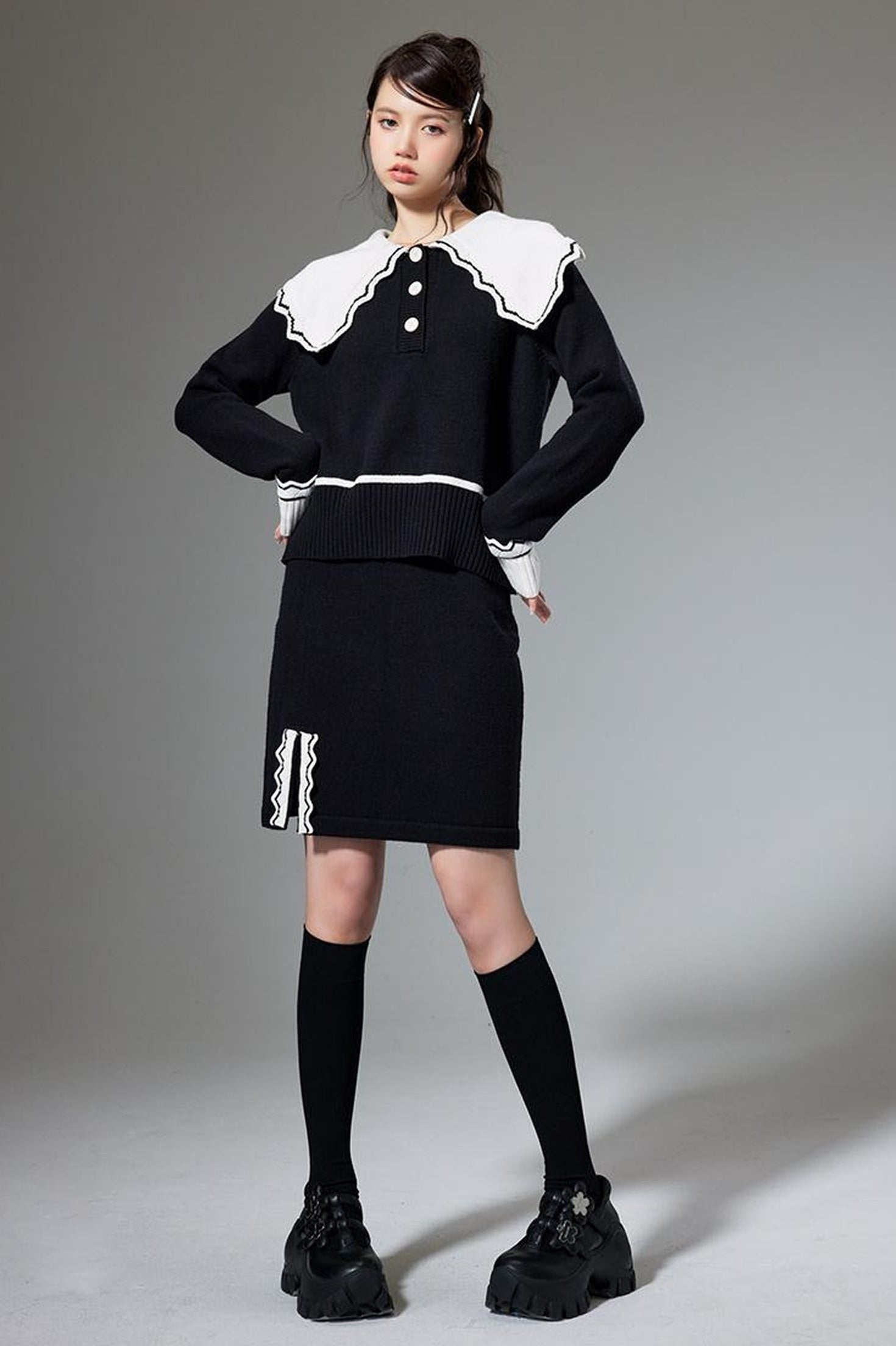 DIDDI MODA Classic Color Block Lace Collar Knit Set