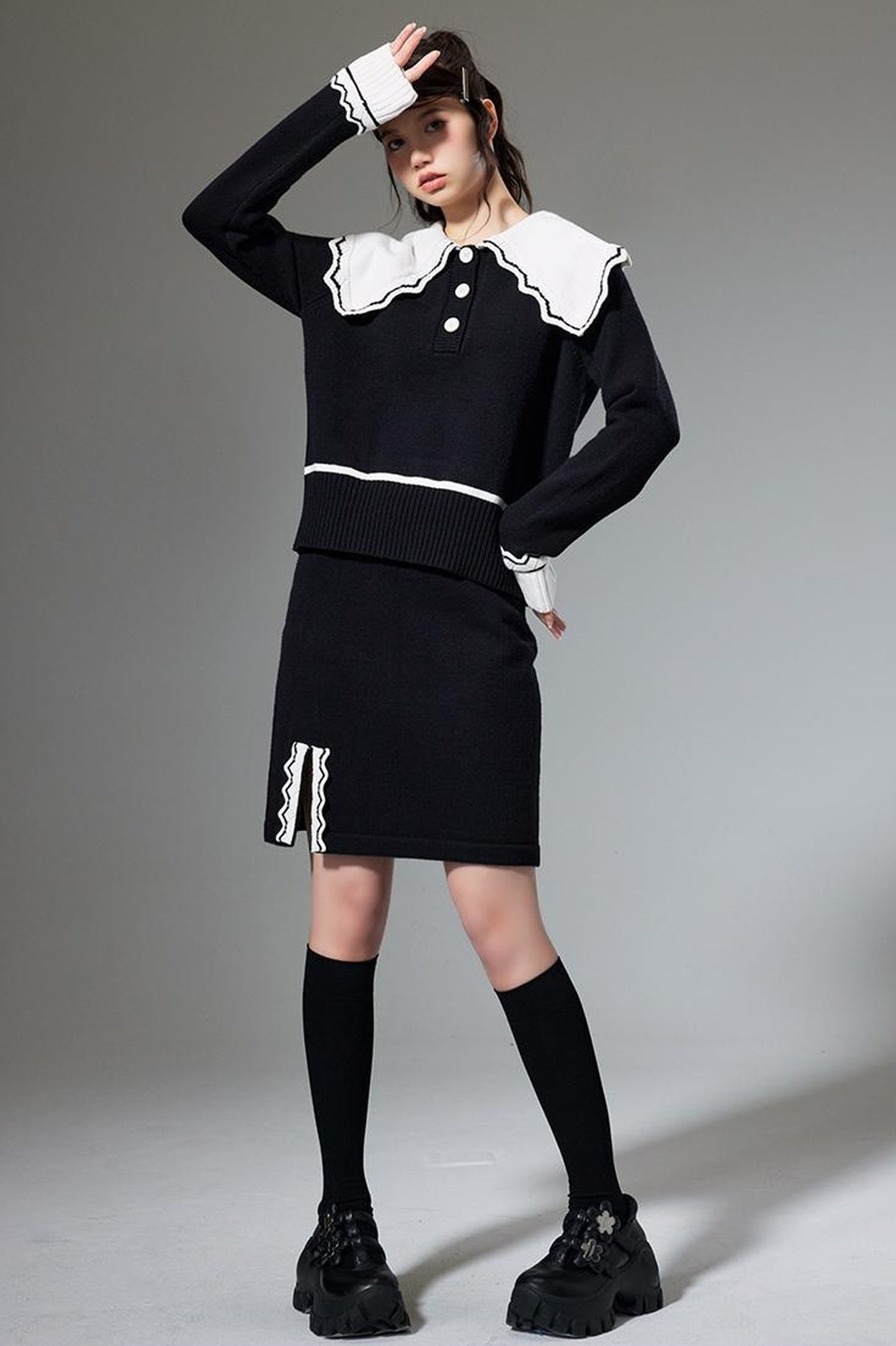 DIDDI MODA Classic Color Block Lace Collar Knit Set