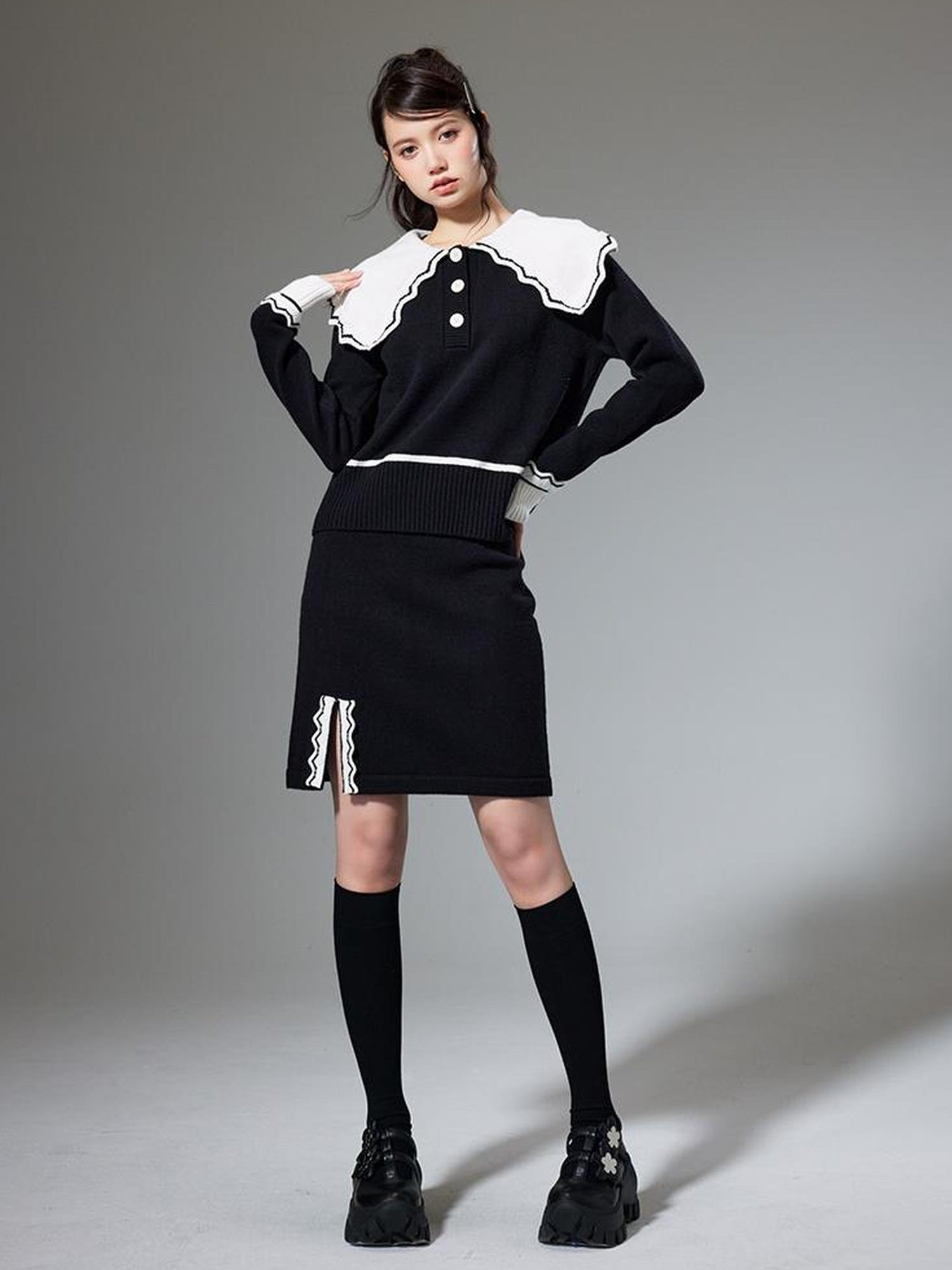 DIDDI MODA Classic Color Block Lace Collar Knit Set
