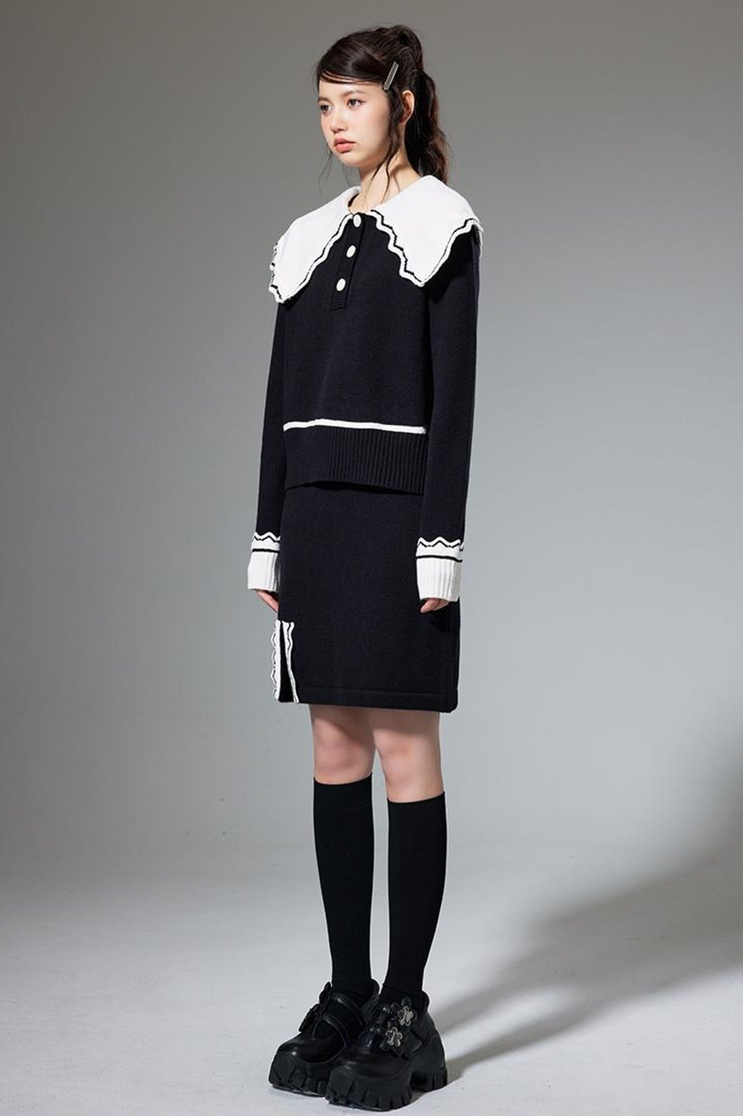 DIDDI MODA Classic Color Block Lace Collar Knit Set