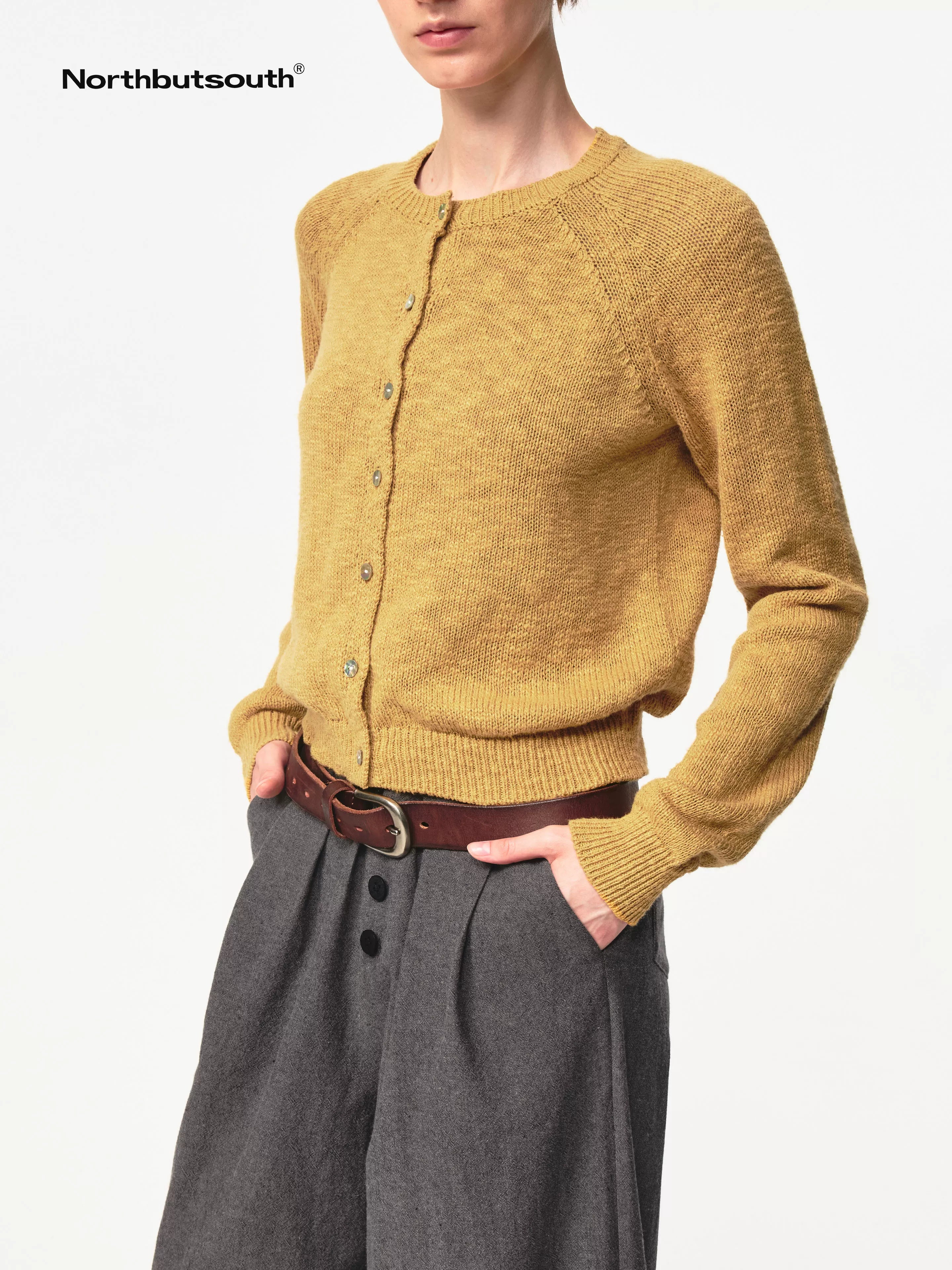 Classic Crewneck Textured Raglan Sweater Cardigan