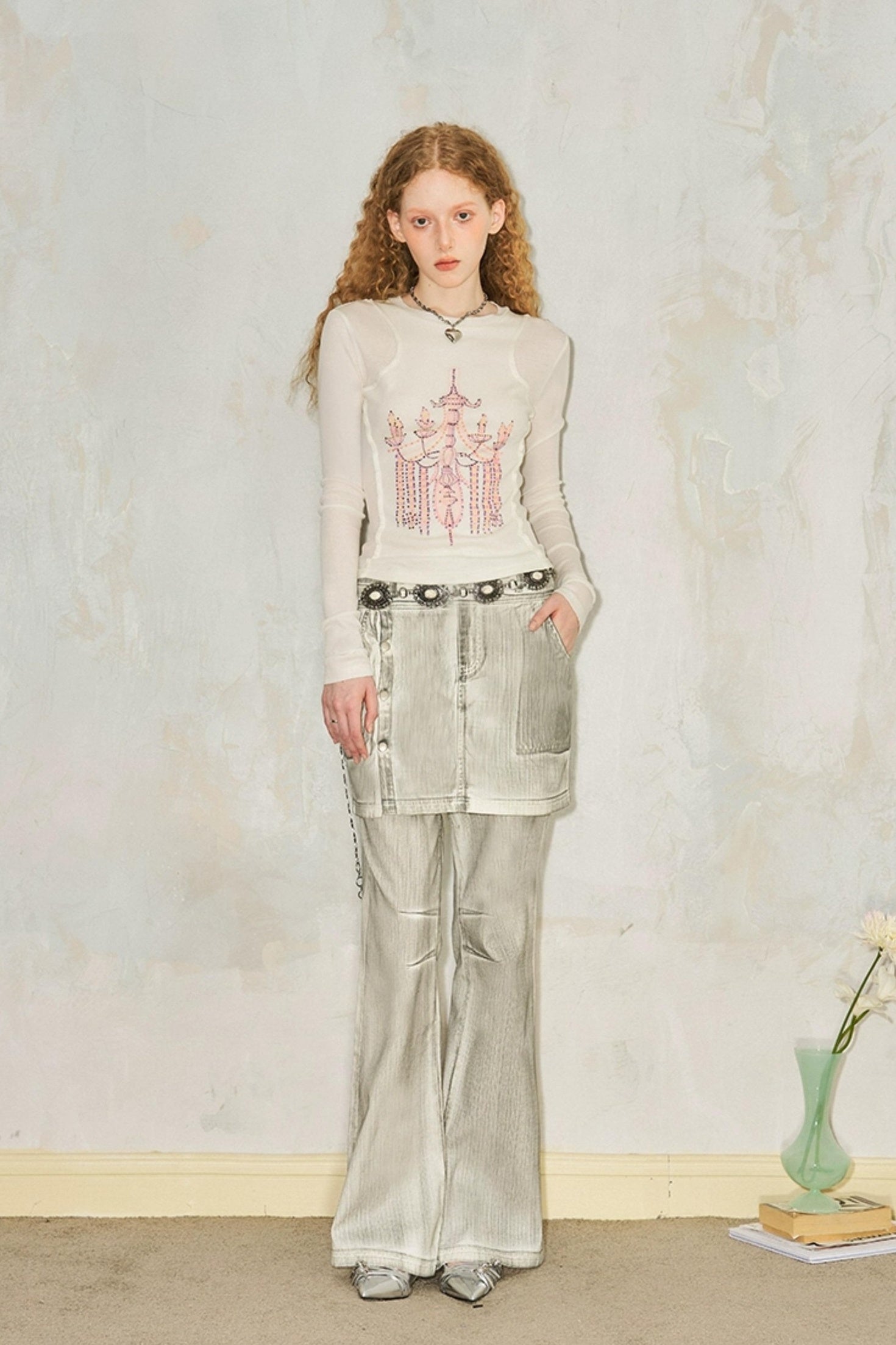 DIDDI MODA Classic Crystal Chandelier Print Layered Long Sleeve Top