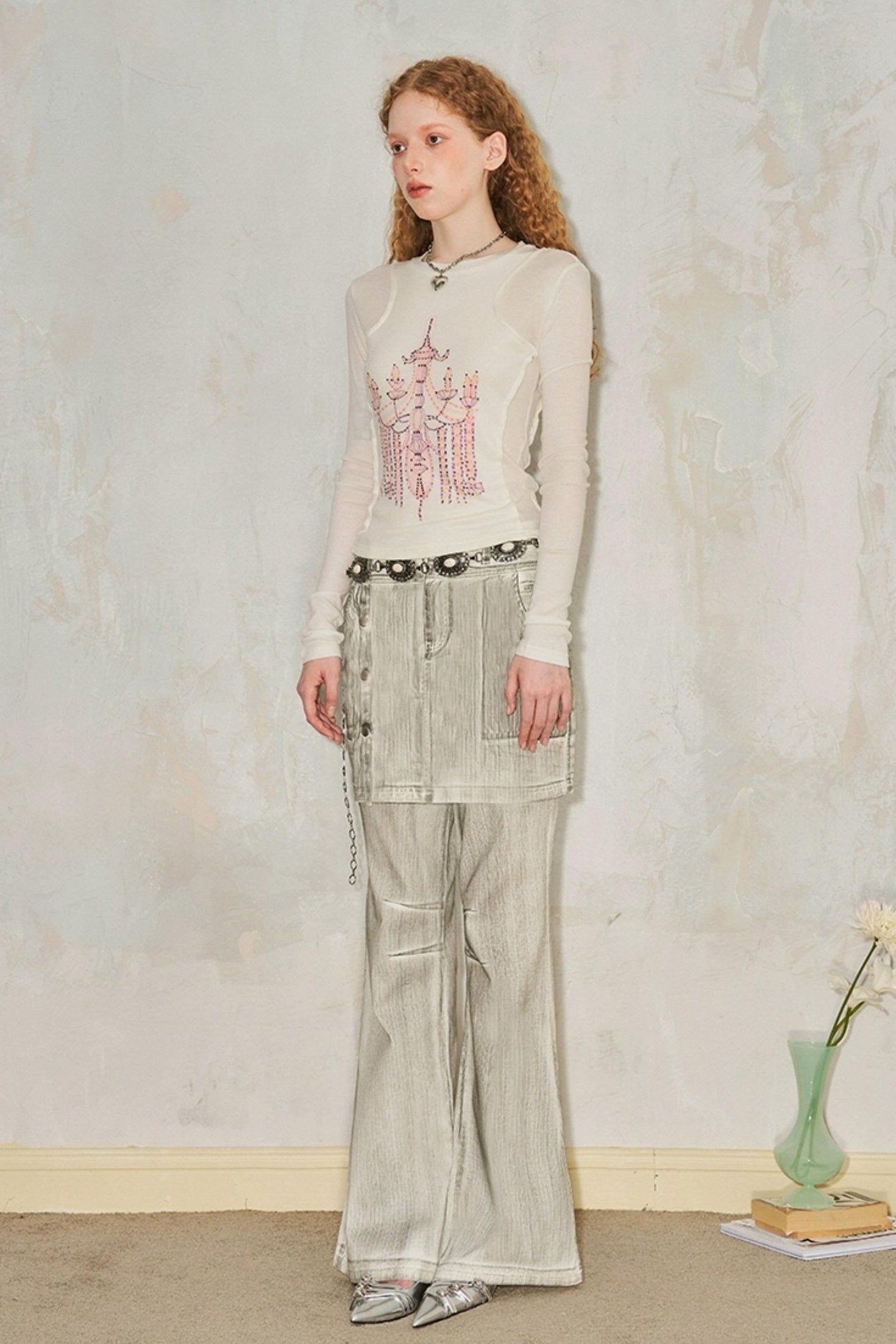 DIDDI MODA Classic Crystal Chandelier Print Layered Long Sleeve Top