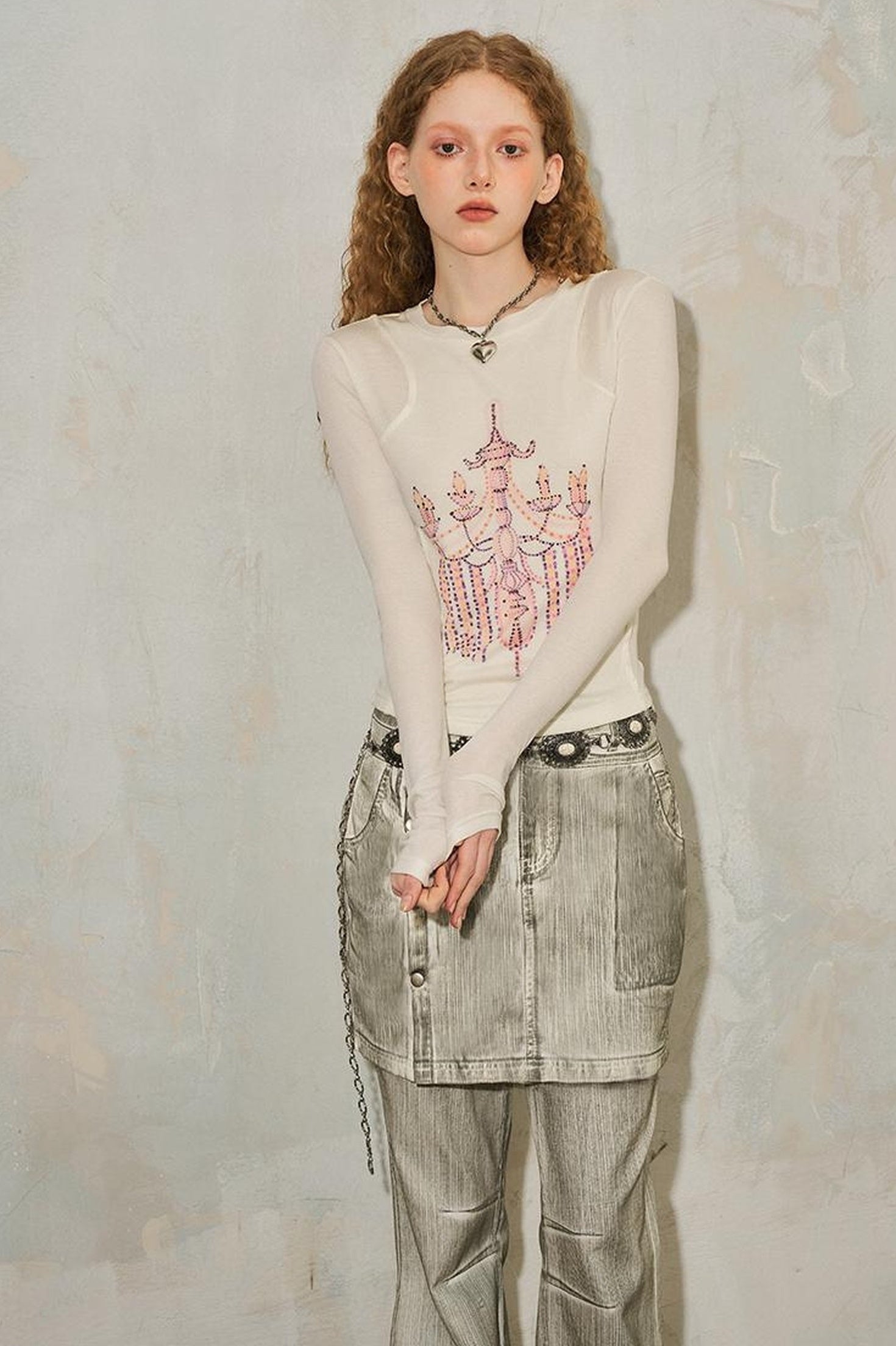 DIDDI MODA Classic Crystal Chandelier Print Layered Long Sleeve Top