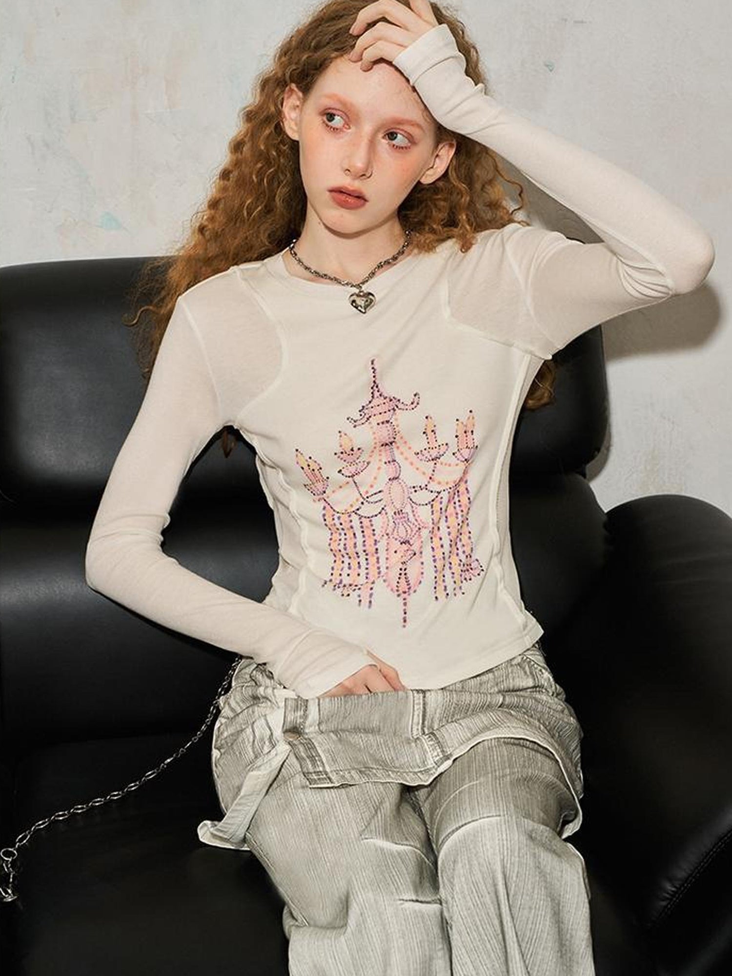 DIDDI MODA Classic Crystal Chandelier Print Layered Long Sleeve Top