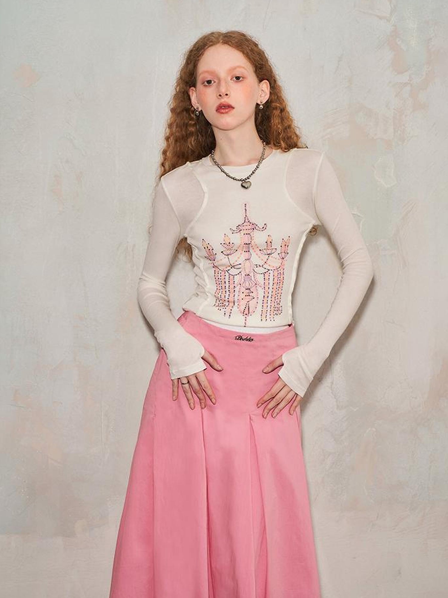 DIDDI MODA Classic Crystal Chandelier Print Layered Long Sleeve Top